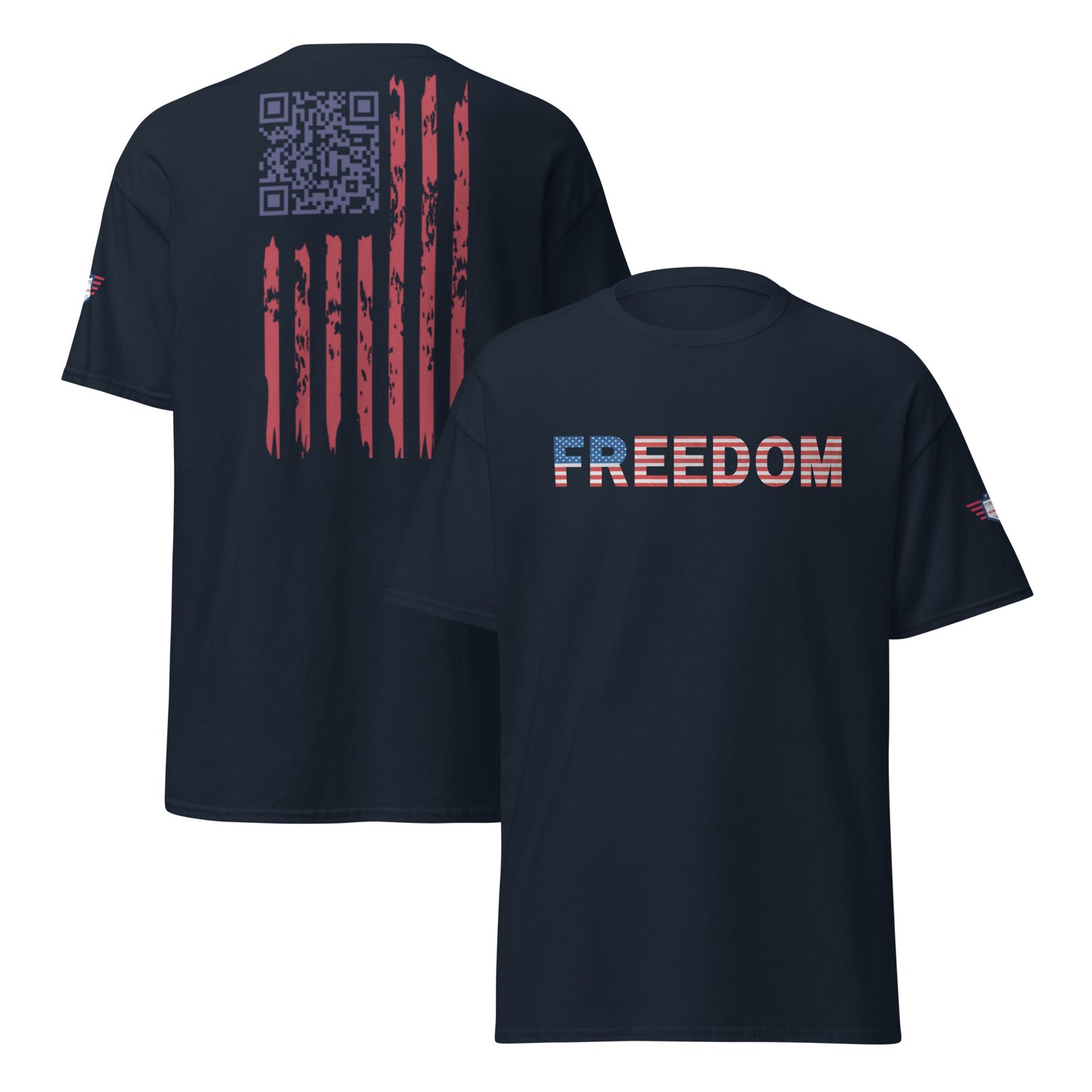 Dark navy unisex tee front/back view, "FREEDOM" in flag colors up front, QR-integrated flag on back