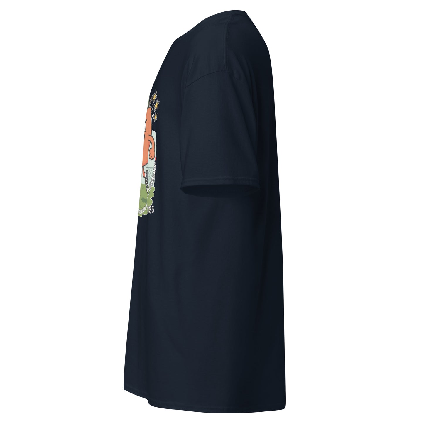Right side view of navy classic tee with partial view of vibrant kickball tournament print