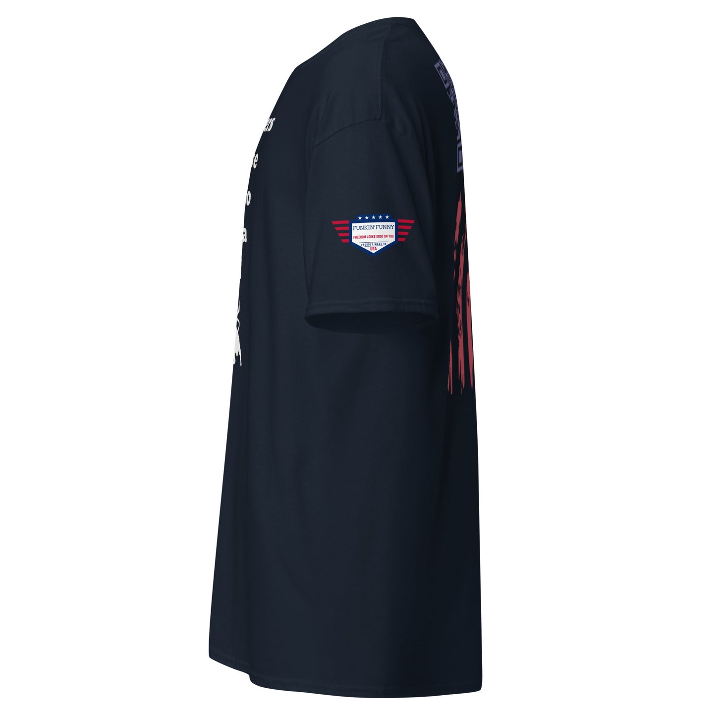 Right side view of navy tee with partial front text, sleeve flag emblem, and red stripes