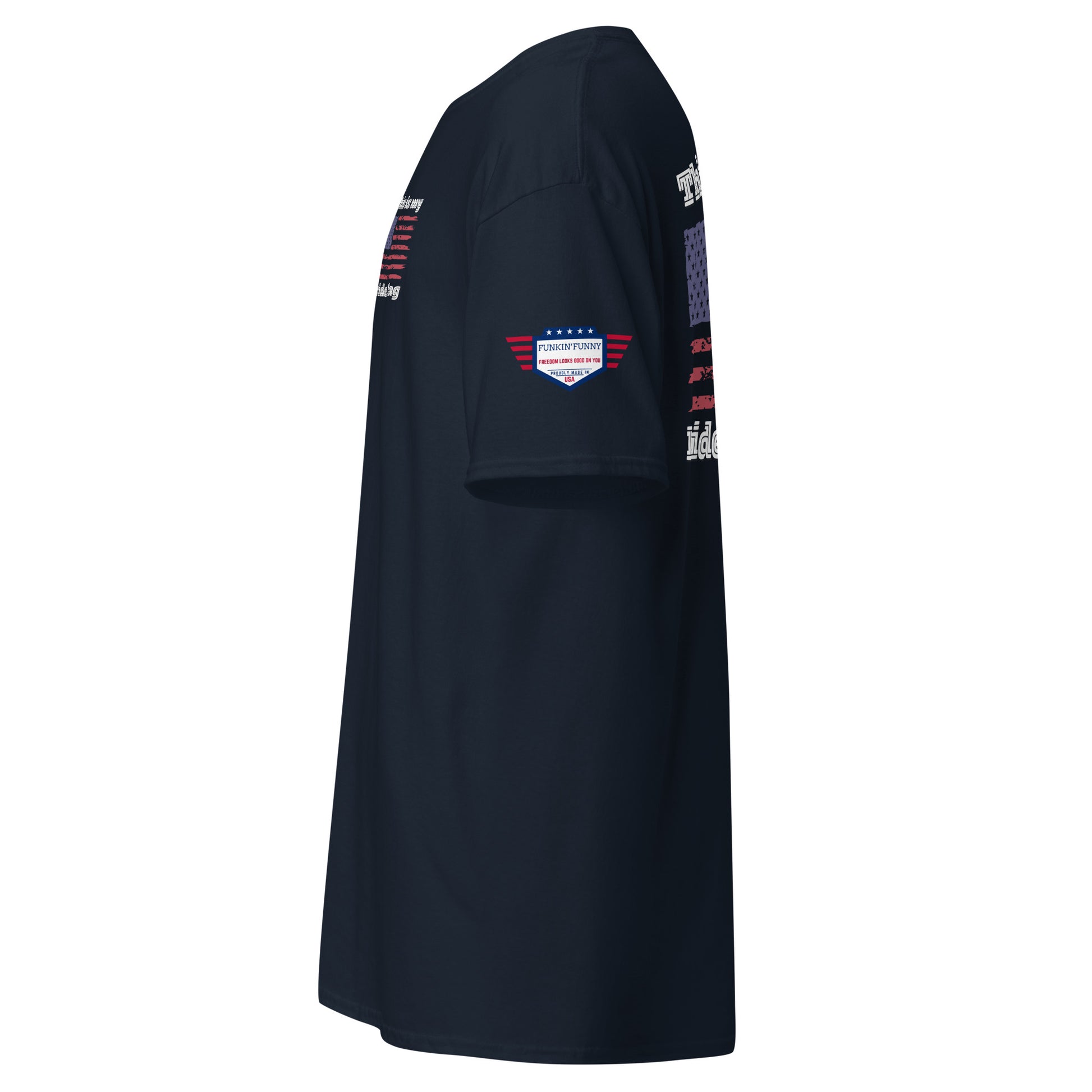 Right side view of navy t-shirt displaying Gildan Heavy Cotton label on sleeve