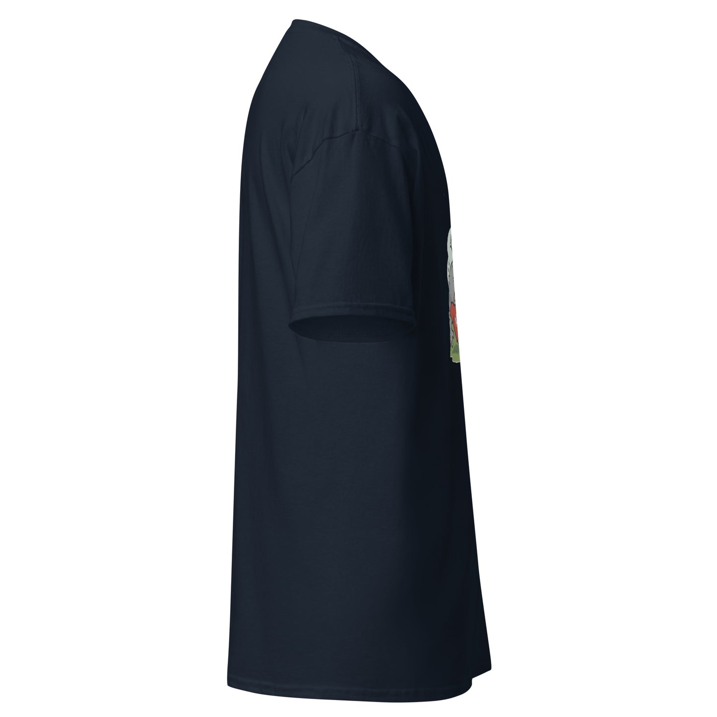 Left side view of navy classic tee hinting at front Georgia peach design