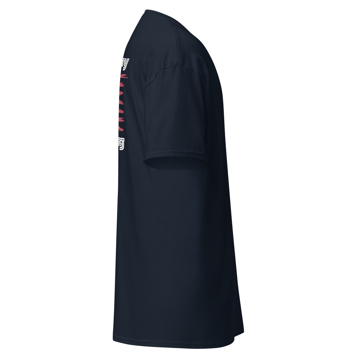 Left side view of navy unisex t-shirt with "Ultra Cotton" vertical text on sleeve