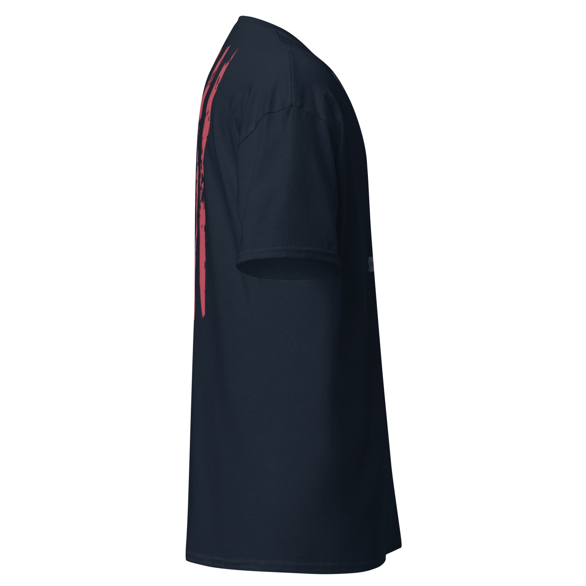 Left side view of navy t-shirt highlighting red flag stripe details on sleeve