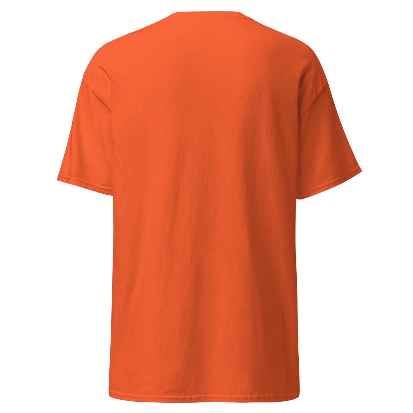 Back view of plain bright orange classic short-sleeve tee, clean and simple