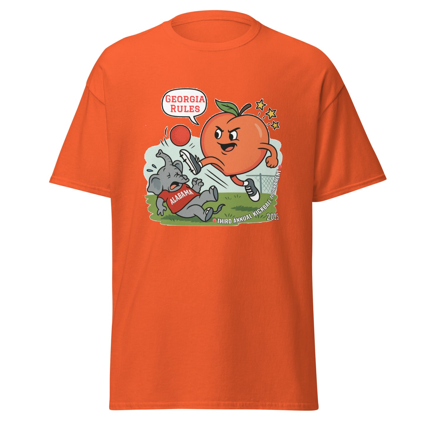 Front view of bright orange classic tee with cartoon Georgia peach kicking Alabama elephant in kickball, "Georgia Rules" text