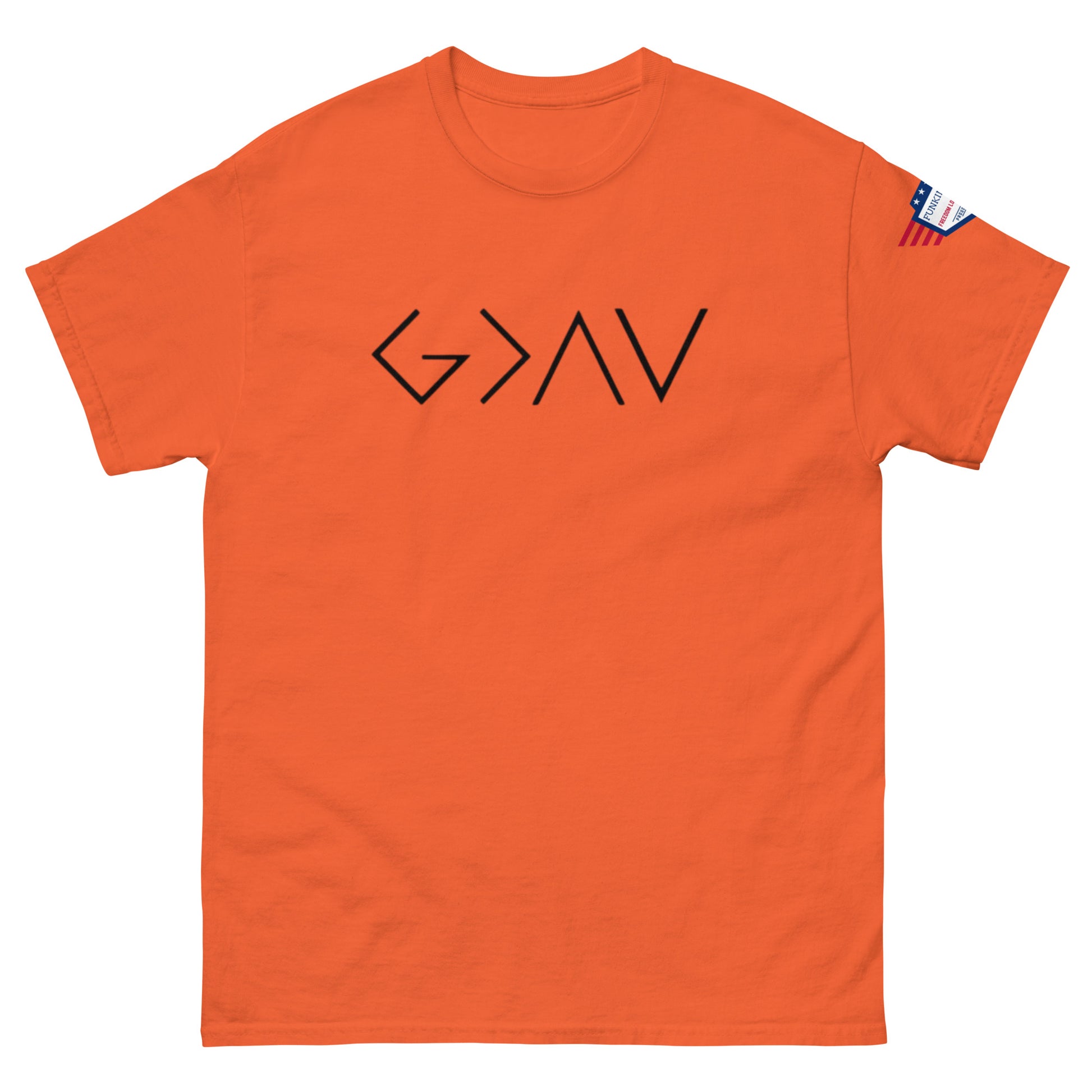 Front view of orange unisex tee with bold black "G > AV" print and small US flag sleeve patch