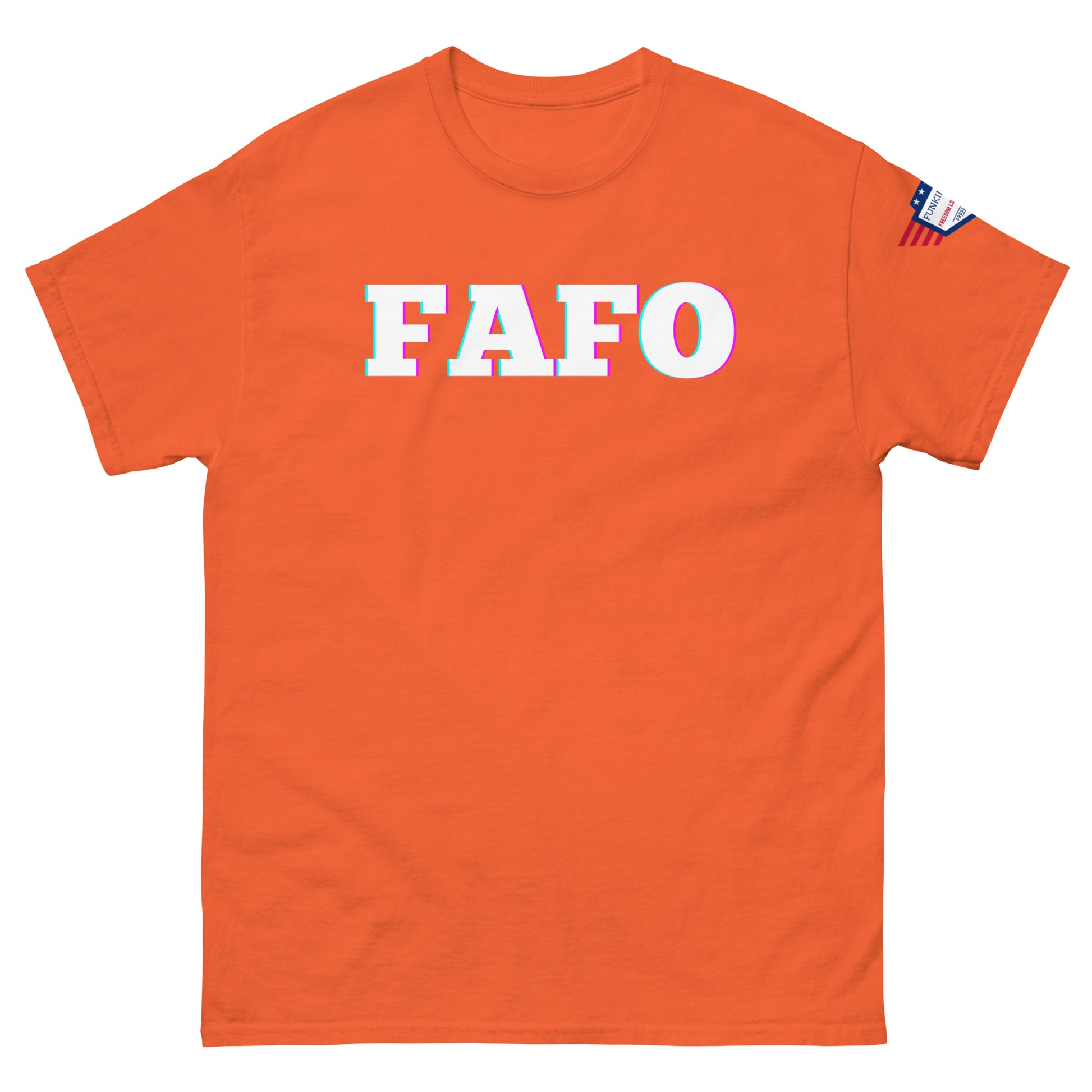 Front view of orange unisex t-shirt rocking glitch-effect "FAFO" and flag patch