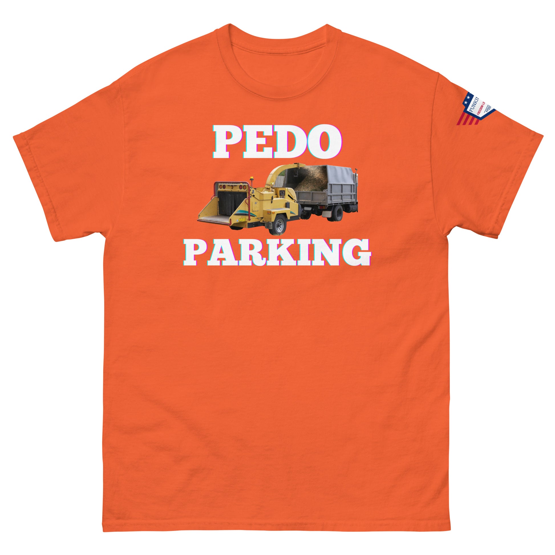 Front view of orange unisex tee displaying glowing "PEDOO PARKING", yellow loader dumping into gray truck, USA sleeve flag