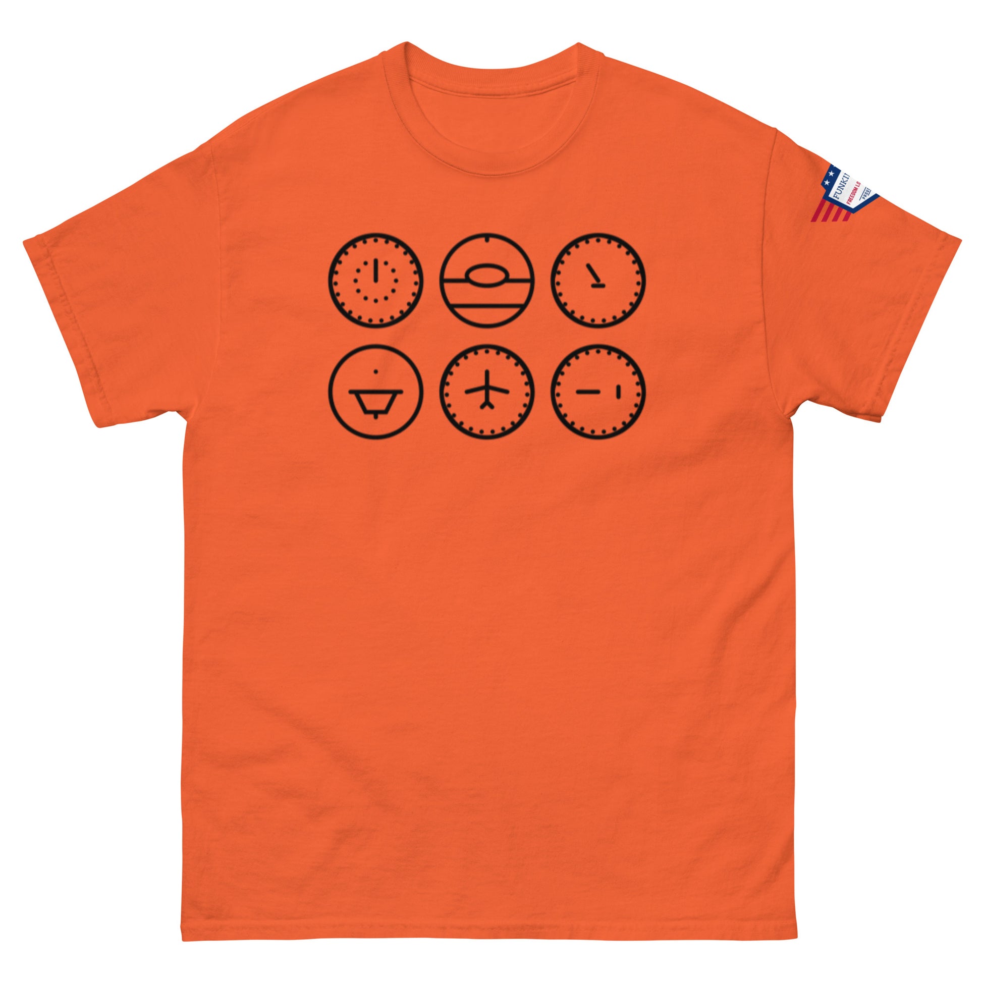 Front view of orange classic t-shirt with six black clock icons, smirking through the hours