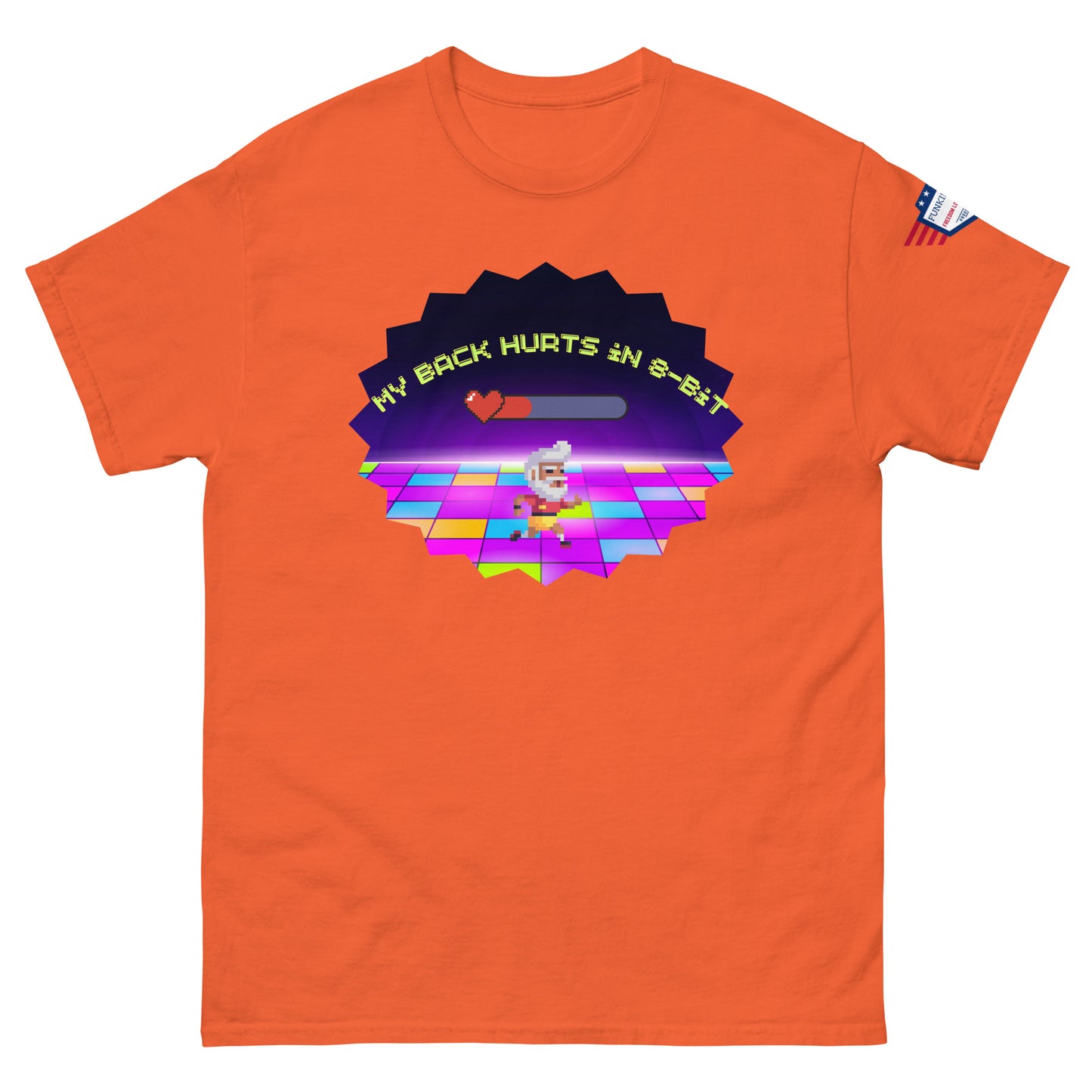 Front view of orange tee featuring "My back hurts so bad" retro chef dancer meme on multicolored disco backdrop in starburst glow, USA flag sleeve