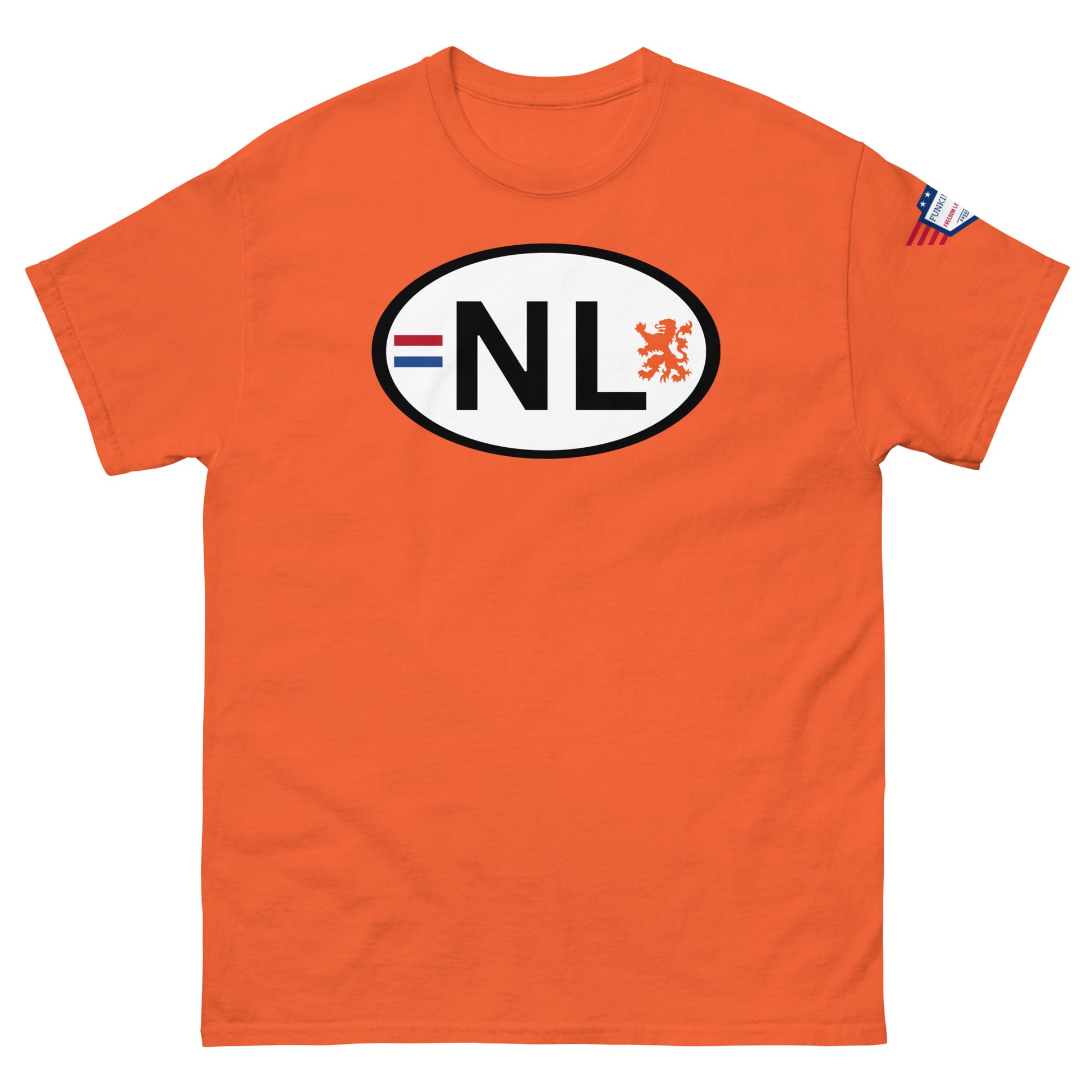 Front view of orange unisex classic tee with white oval NL license plate print, Dutch flag stripes, orange lion, USA flag sleeve patch