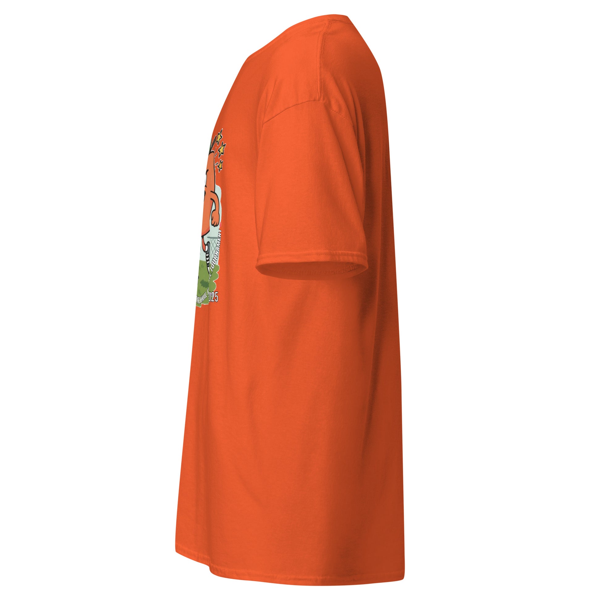 Right side view of bright orange tee showing edge of Georgia peach kickball graphic