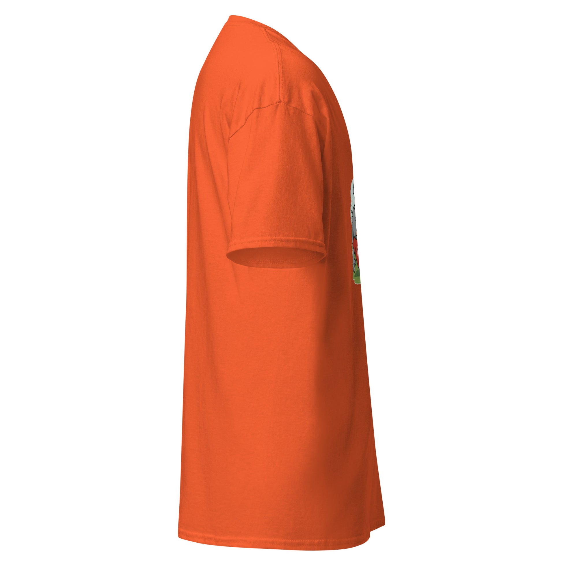 Left side view of bright orange tee with partial kickball scene peeking out