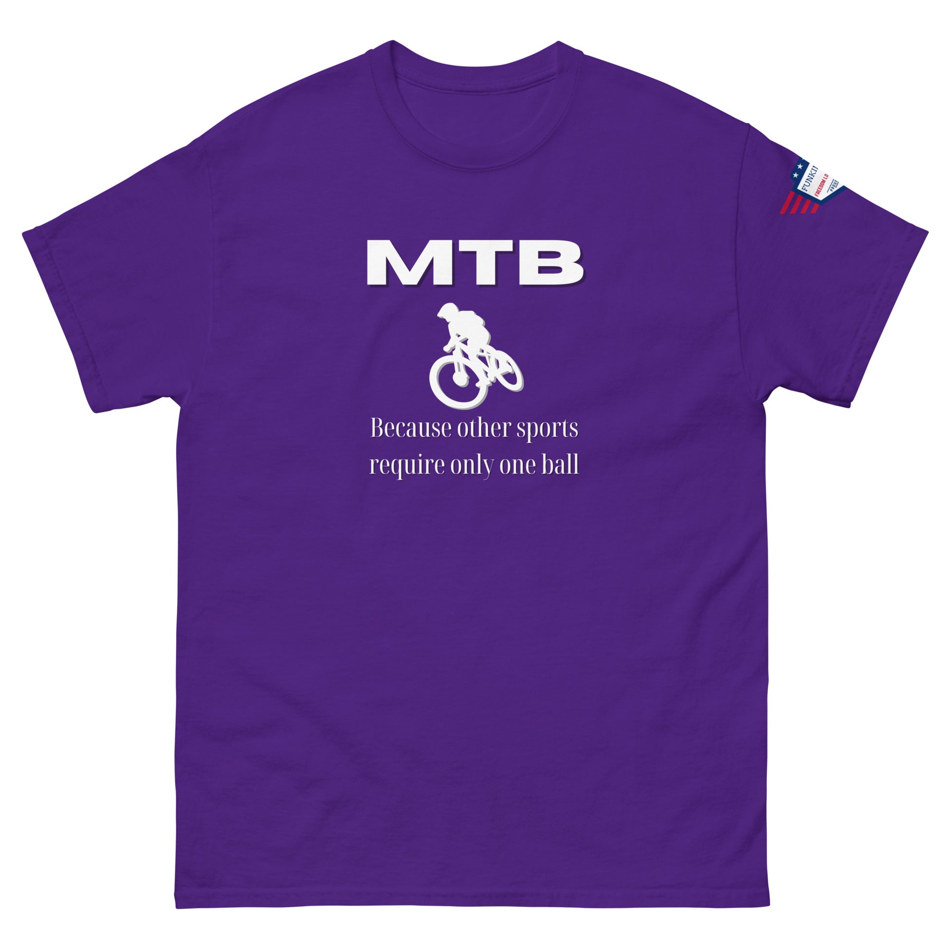 Front view of purple unisex tee featuring white "MTB", MTB biker icon, "Because other sports require only one ball", flag patch