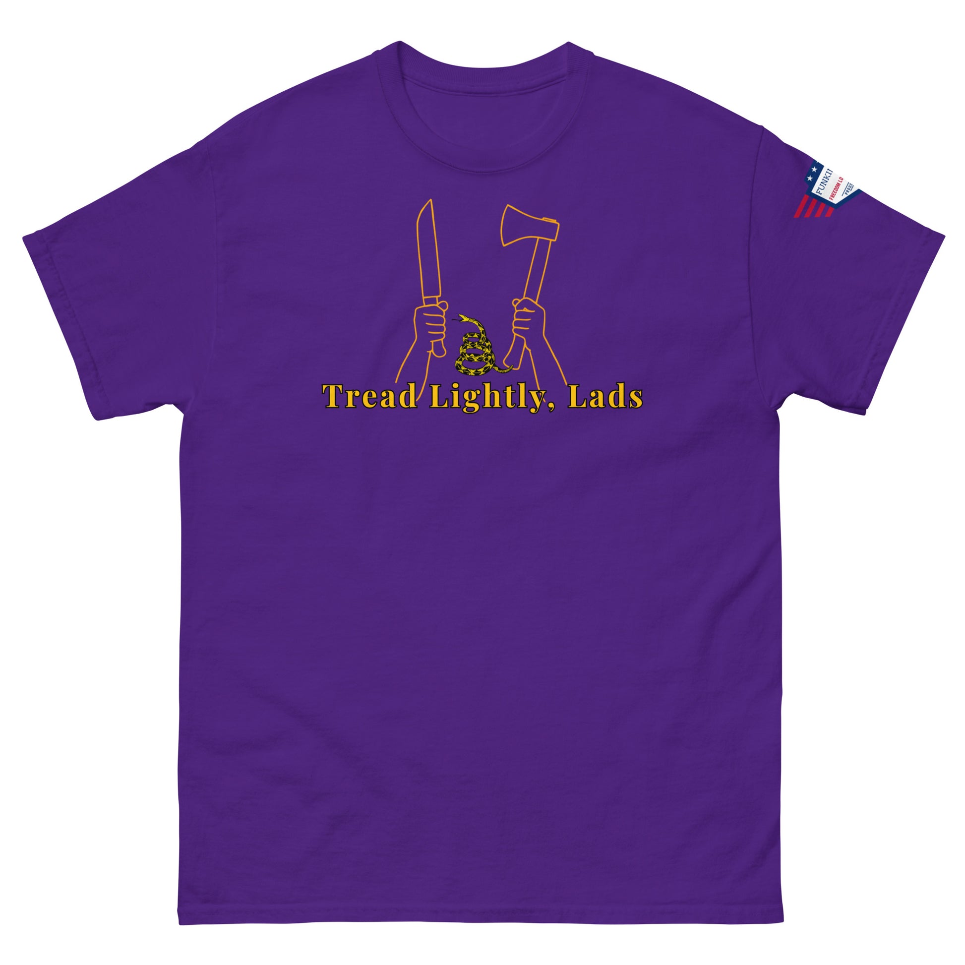 Front view of purple unisex tee with "Tread Lightly, Lads" yellow print, hands holding knife, axe & snake graphic, US flag sleeve patch