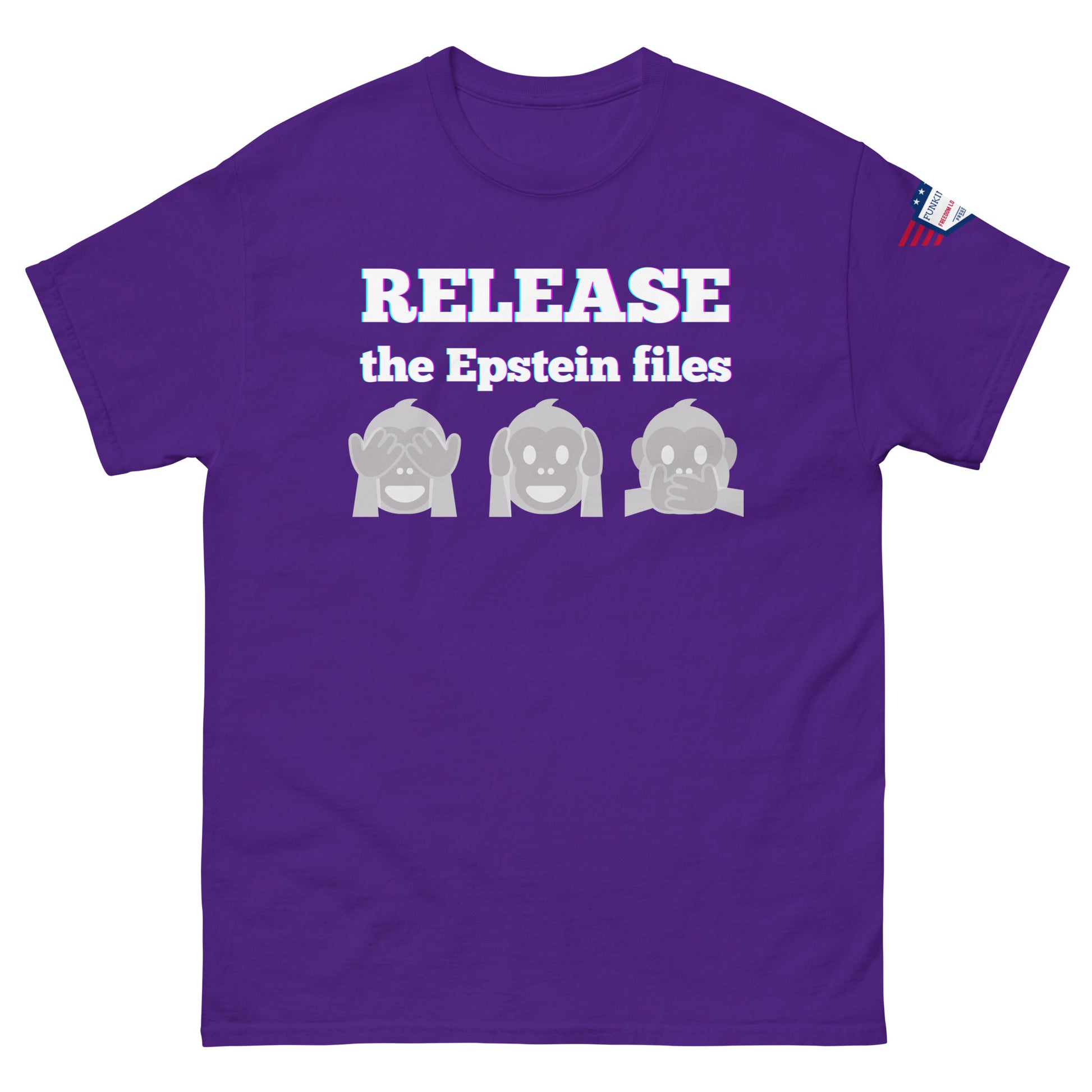 Front view of purple t-shirt with "RELEASEASE the Epstein files" gradient text and gray see-no-evil monkeys, US flag sleeve patch