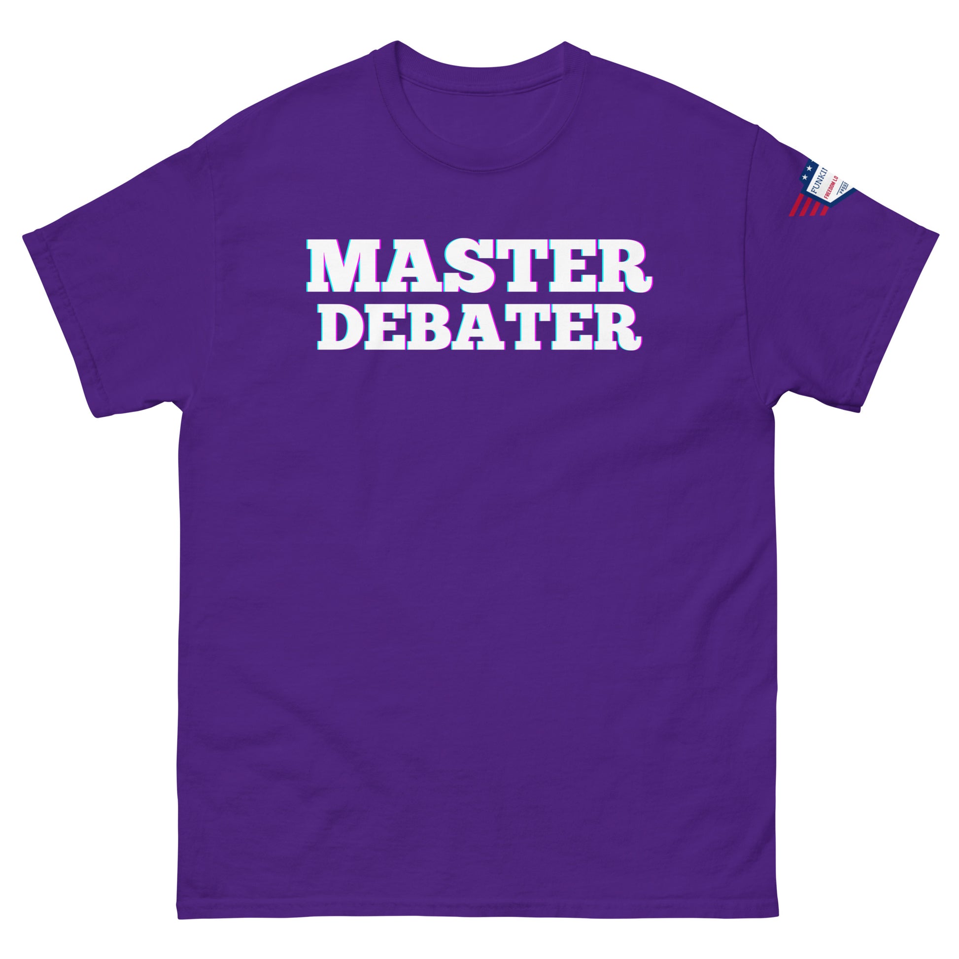 Front view of purple unisex tee with "MASTER DEBATER" glow text, US flag on right sleeve