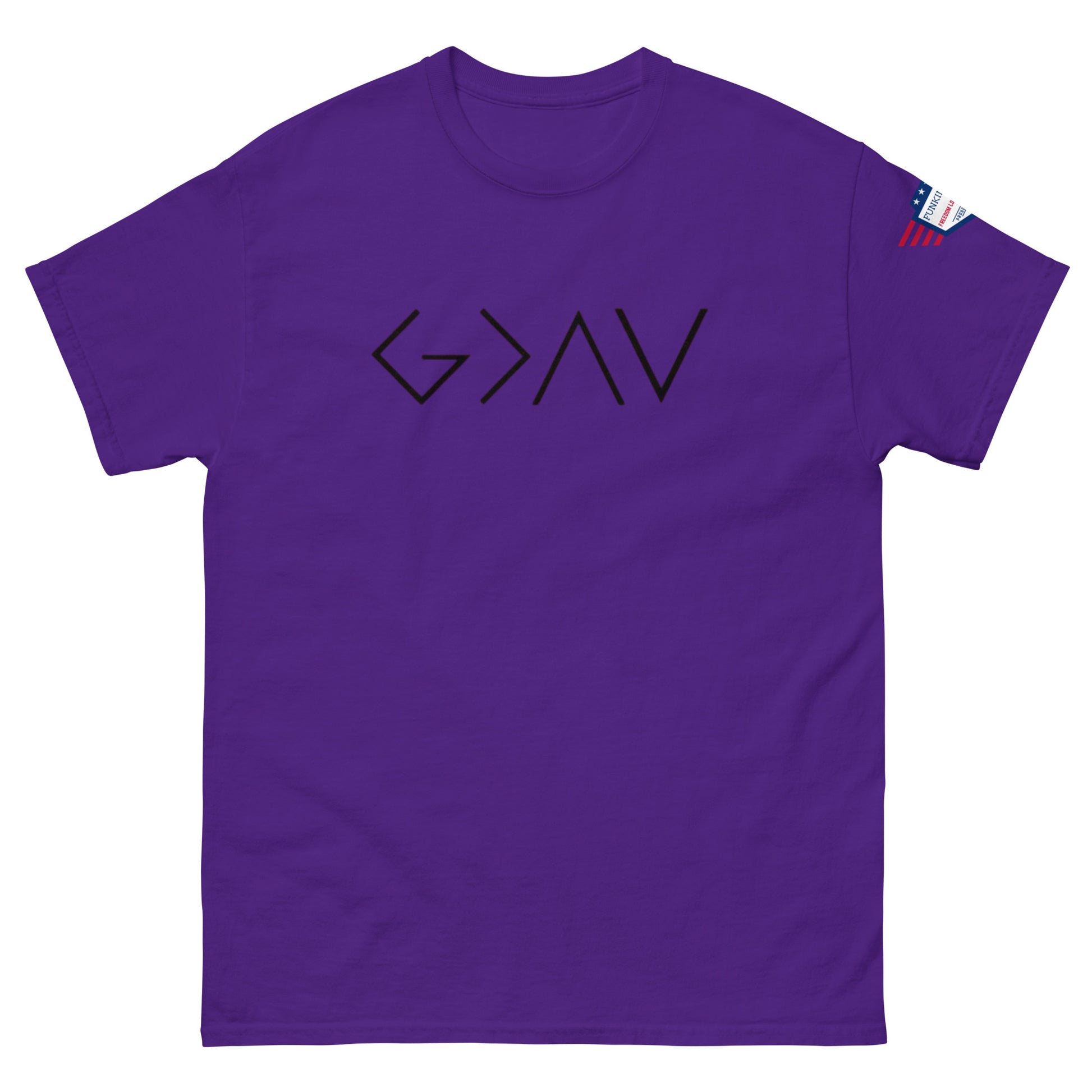 Front view of purple unisex tee with bold black "G > AV" print and small US flag sleeve patch