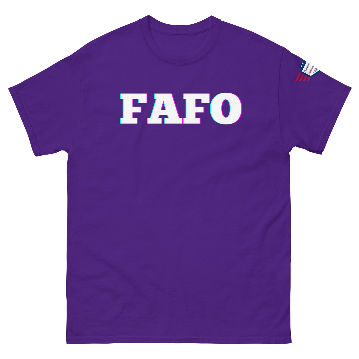 Front view of purple tee with bold "FAFO" in 3D white glitch style and sleeve flag