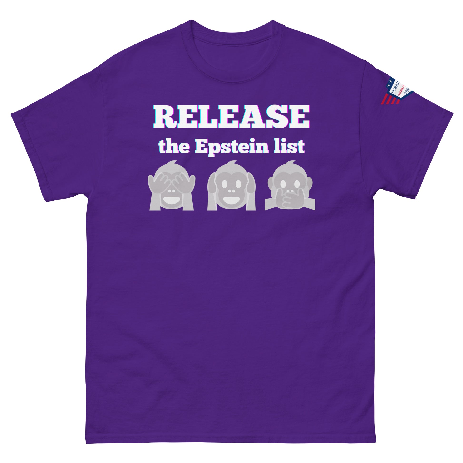 Front view of purple unisex tee with glowing "RELEASE THE EPSTEIN LIST" print and gray see-no-hear-speak-no-evil monkeys, flag sleeve patch