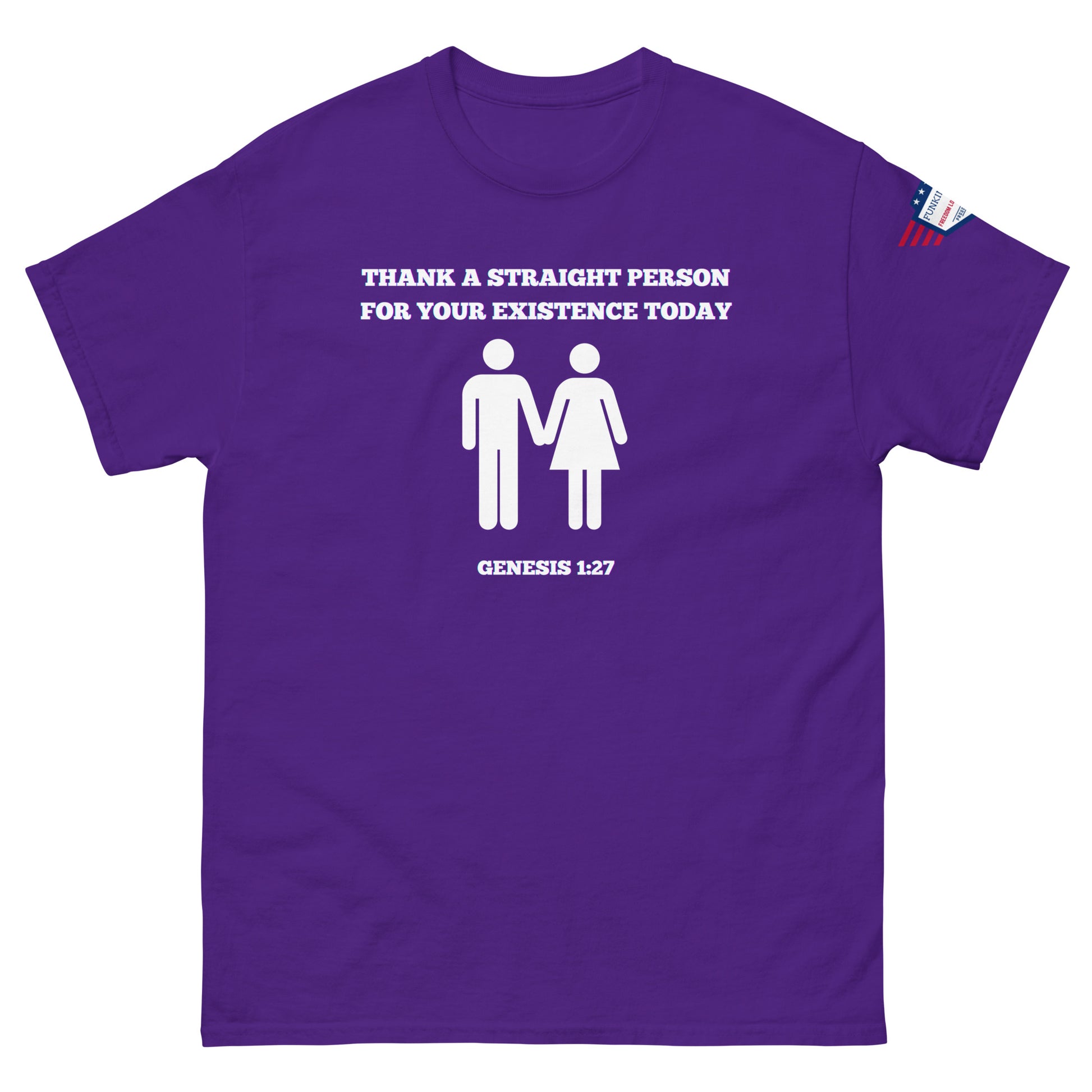 Front view of purple graphic t-shirt with white "Thank a straight person for your existence today", icons, Genesis 1:27 text