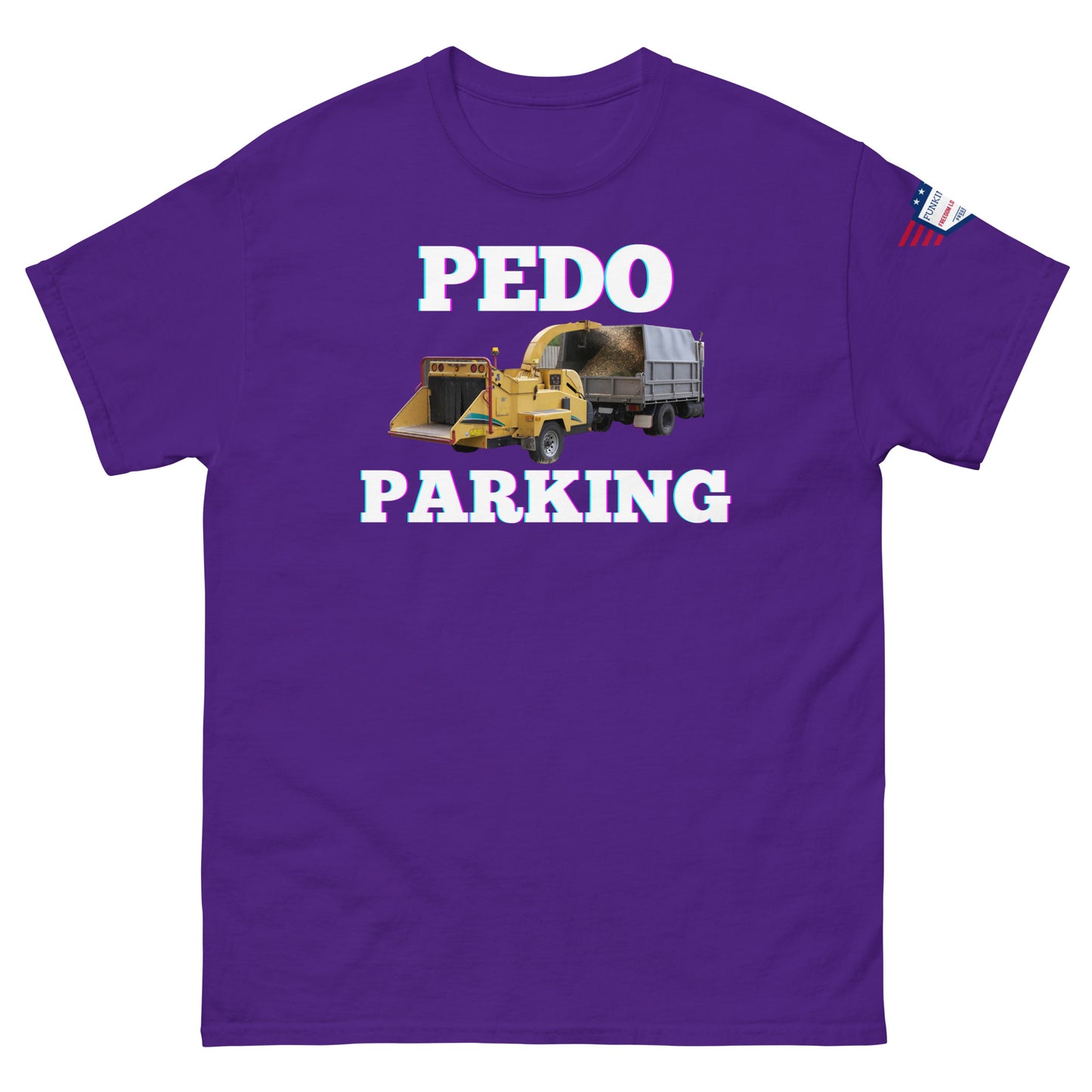 Front view of purple unisex tee with funny "PEDOO PARKING" text glow, yellow payloader and dump truck, USA flag on sleeve