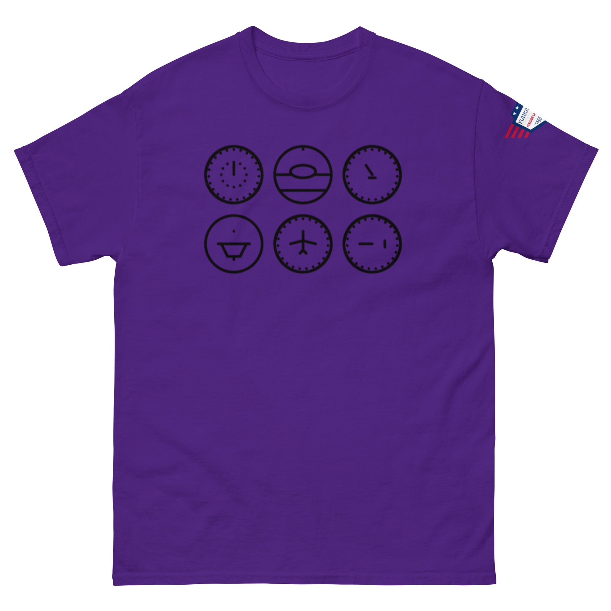 Front view of purple tee featuring bold black print of moody clocks with sun and airplane details
