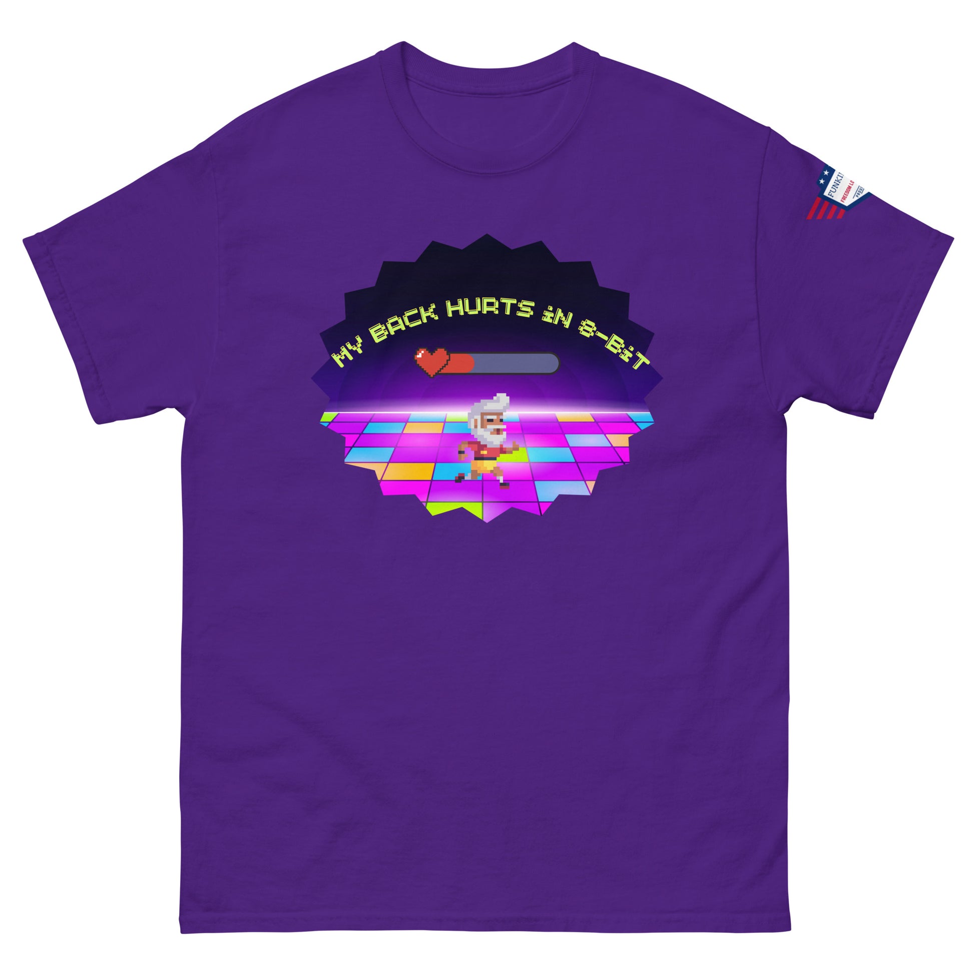 Front view of purple tee with "My back hurts so bad" text, pixel chef busting moves on neon tiles in 80s starburst, flag on sleeve