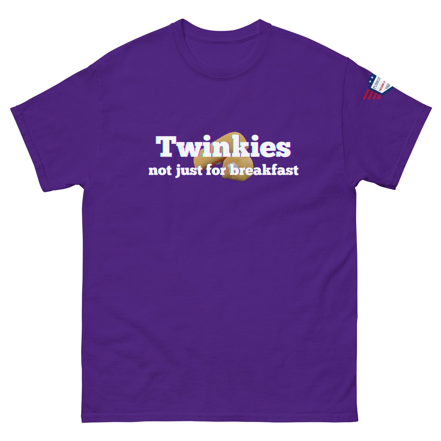 Front view of purple tee with playful "Twinkies not just for breakfast" print and golden Twinkie, stars-and-stripes tag