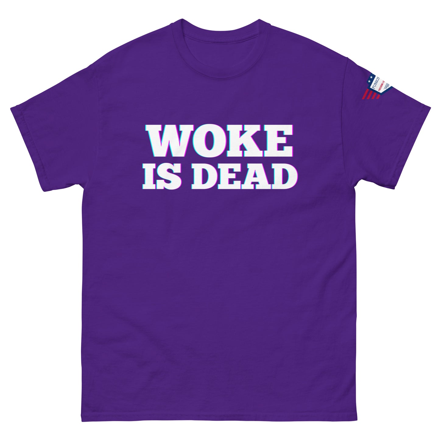 Front view of purple tee with trippy "WOKE IS DEAD" print and US flag sleeve patch