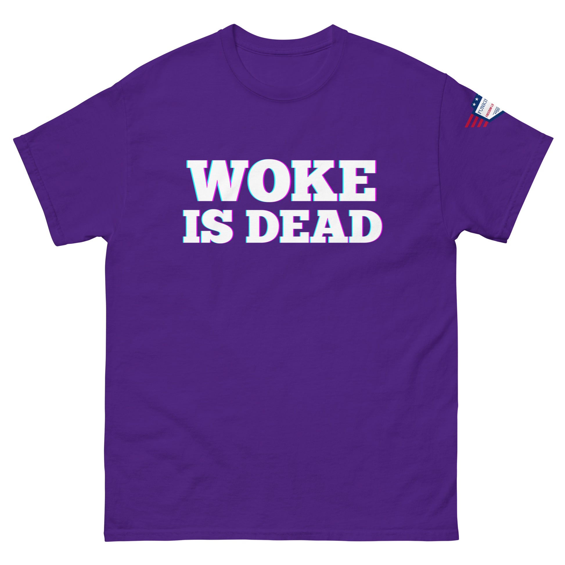 Front view of purple tee with trippy "WOKE IS DEAD" print and US flag sleeve patch