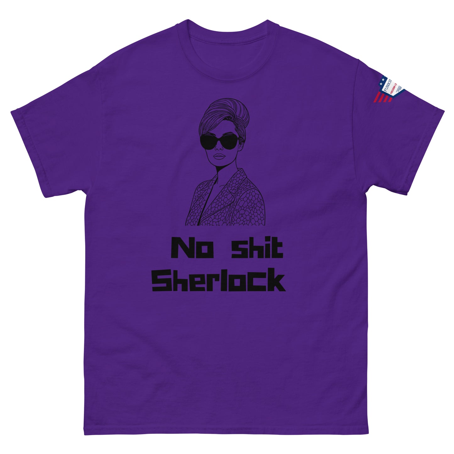 Front view of purple unisex t-shirt with edgy black "No shit Sherlock" graphic and suited shades wearer
