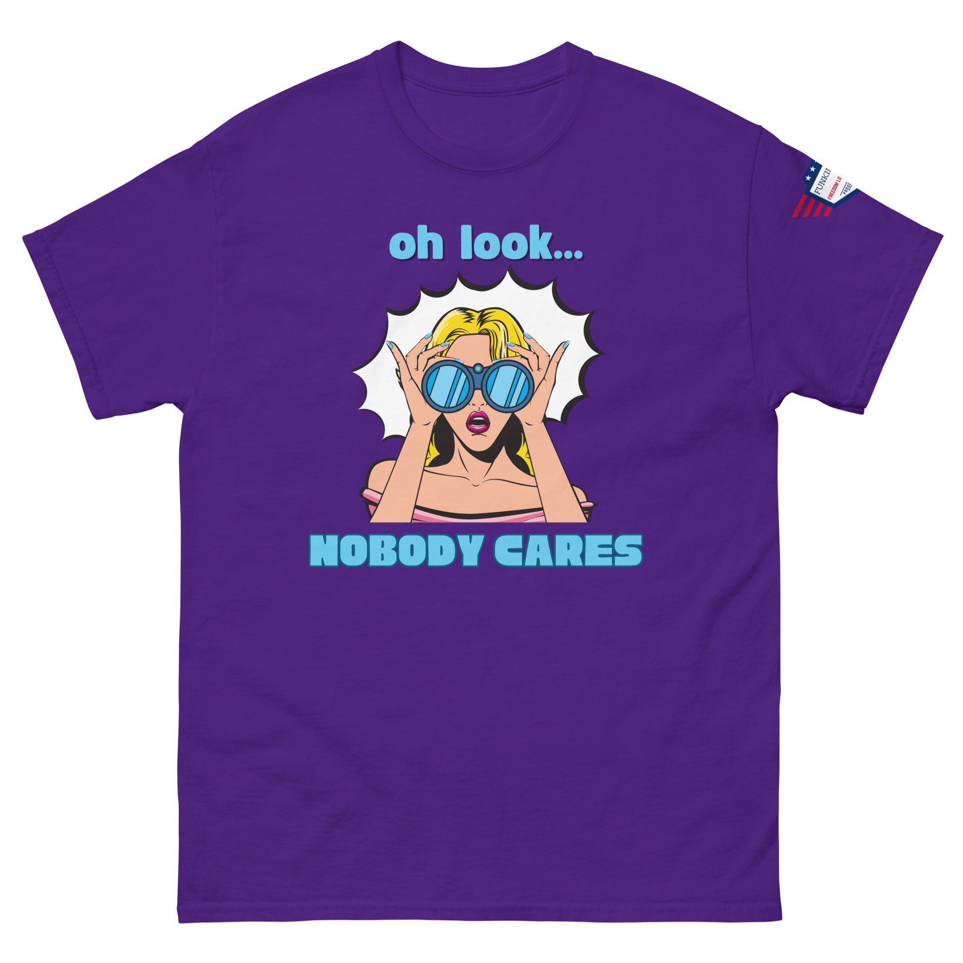 Front view of purple unisex t-shirt with cheeky "oh look... NOBODY CARES" comic blonde graphic, USA flag sleeve