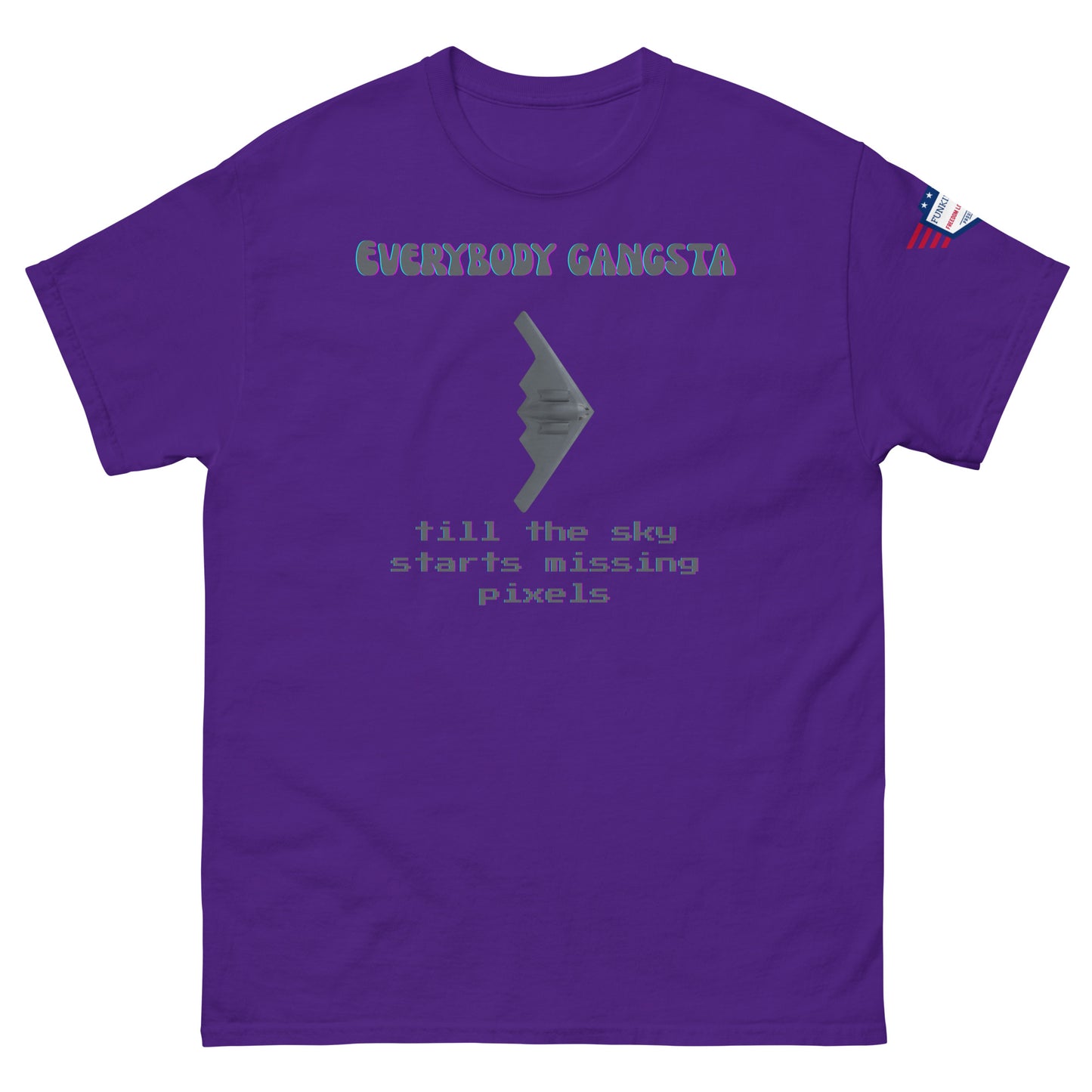 Front view of purple "Everybody Gangsta till the sky starts missing pixels" tee, stealth silhouette, US flag sleeve detail