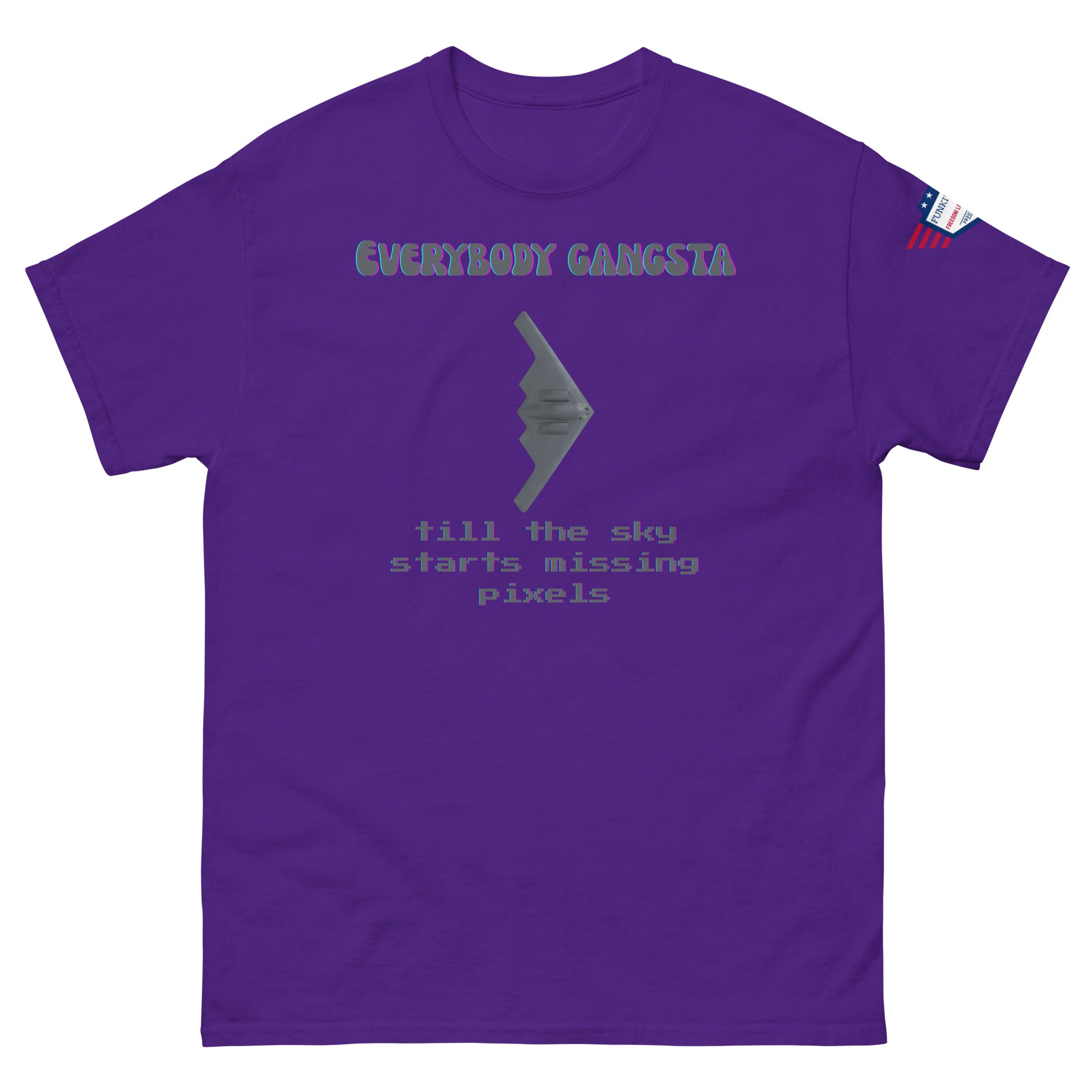Front view of purple "Everybody Gangsta till the sky starts missing pixels" tee, stealth silhouette, US flag sleeve detail