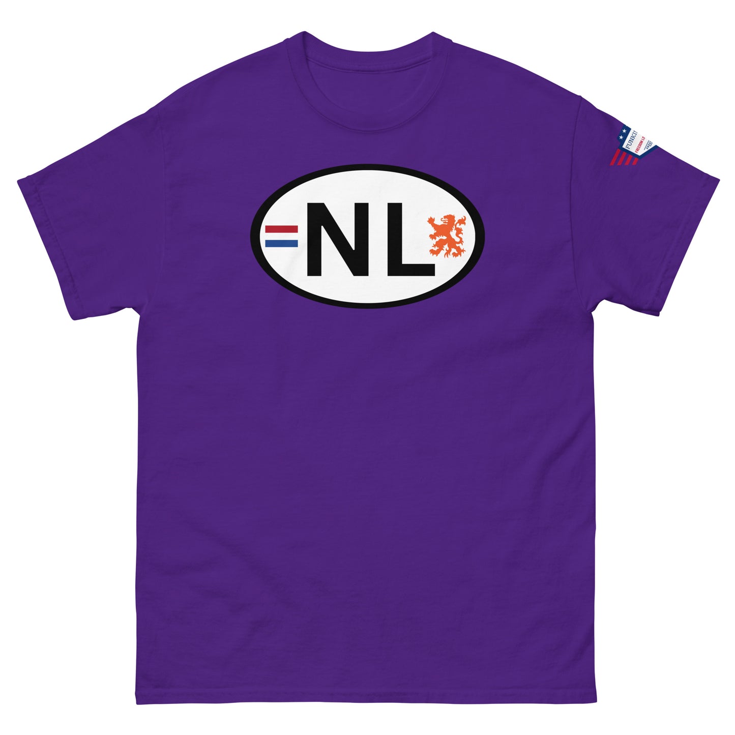 Front view of purple unisex classic tee with white oval NL license plate print, Dutch flag stripes, orange lion, USA flag sleeve patch