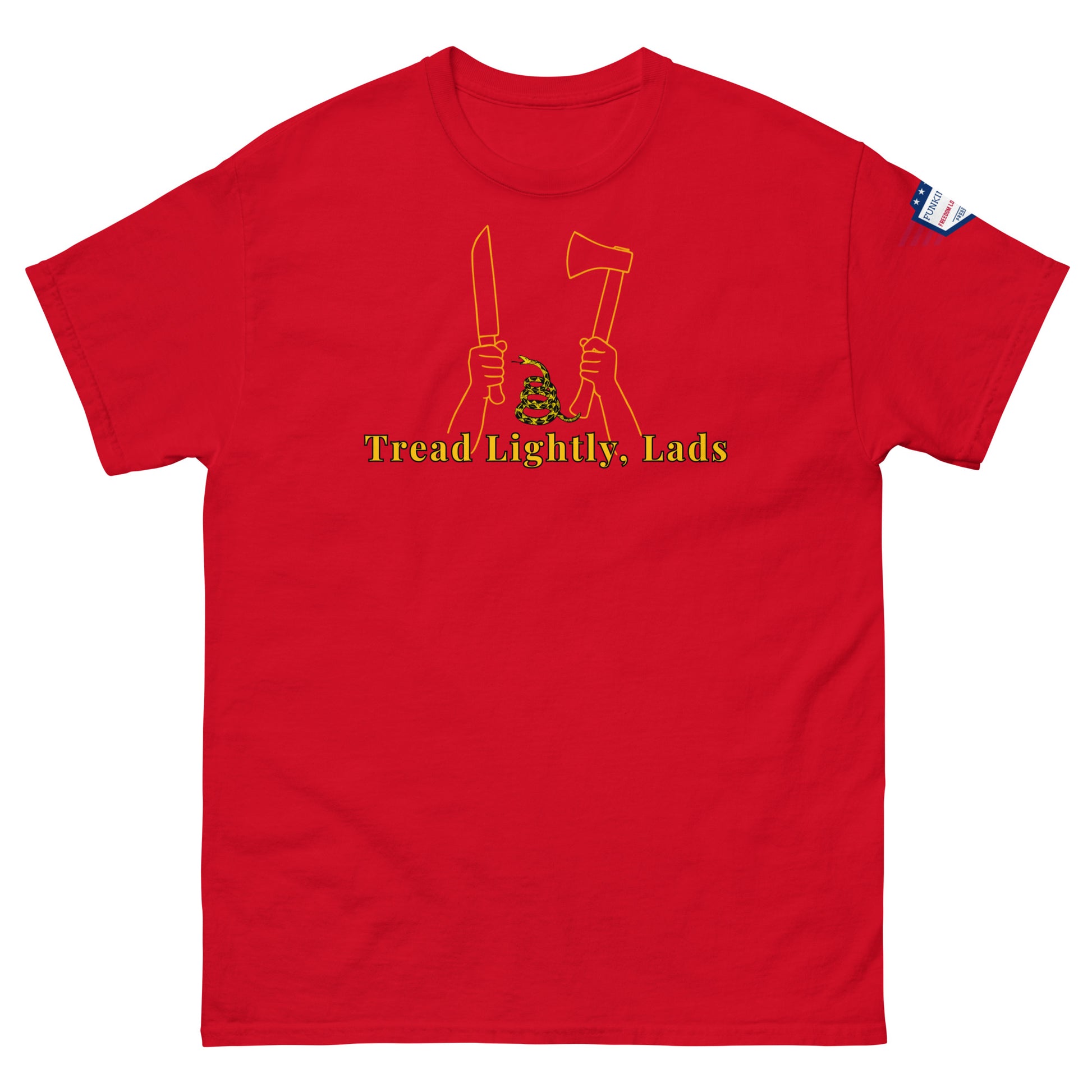 Front view of red unisex tee featuring yellow "Tread Lightly, Lads" text, knife-axe wielding hands & coiled snake, flag on sleeve