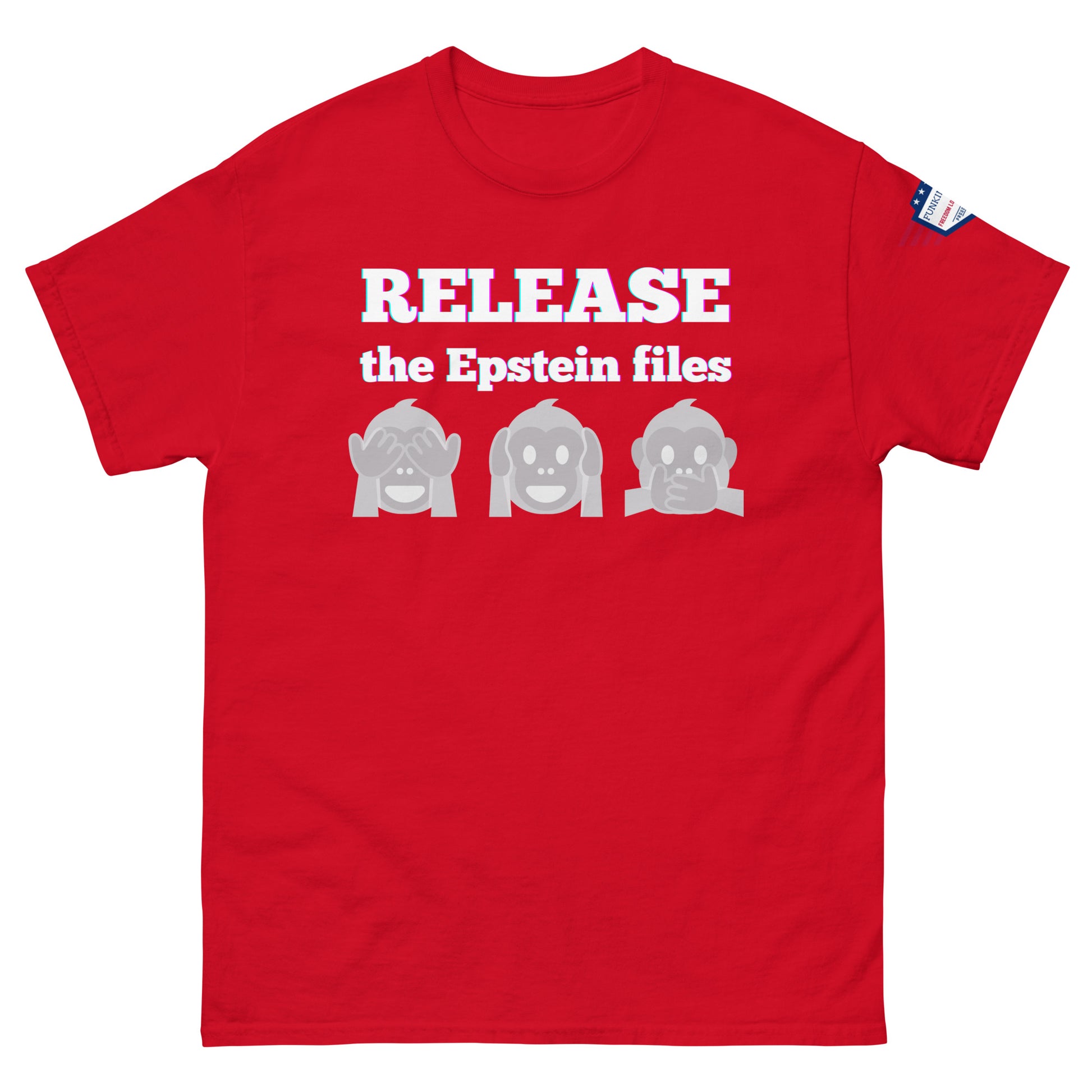 Front view of red t-shirt with "RELEASEASE the Epstein files" gradient text and gray see-no-evil monkeys, US flag sleeve patch