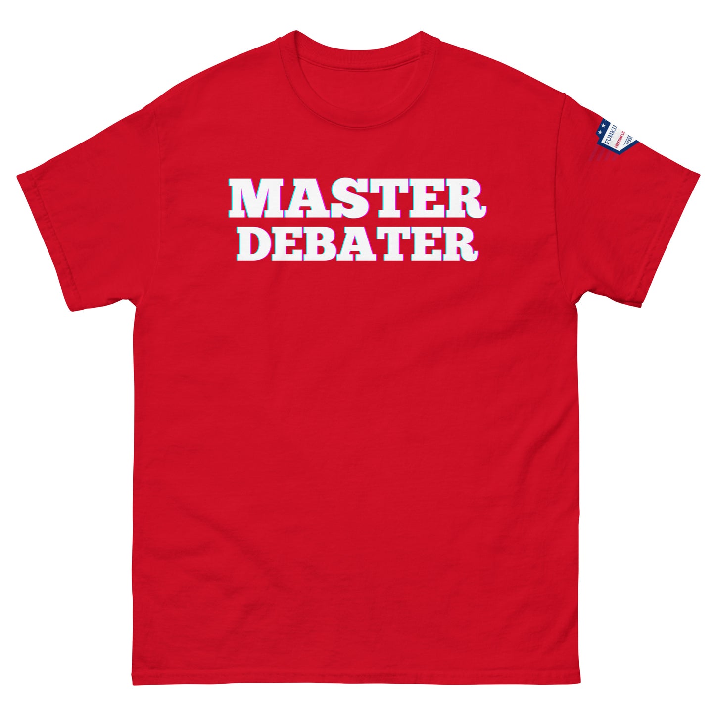 Front view of red unisex tee showing "MASTER DEBATER" in white outline, US flag sleeve label