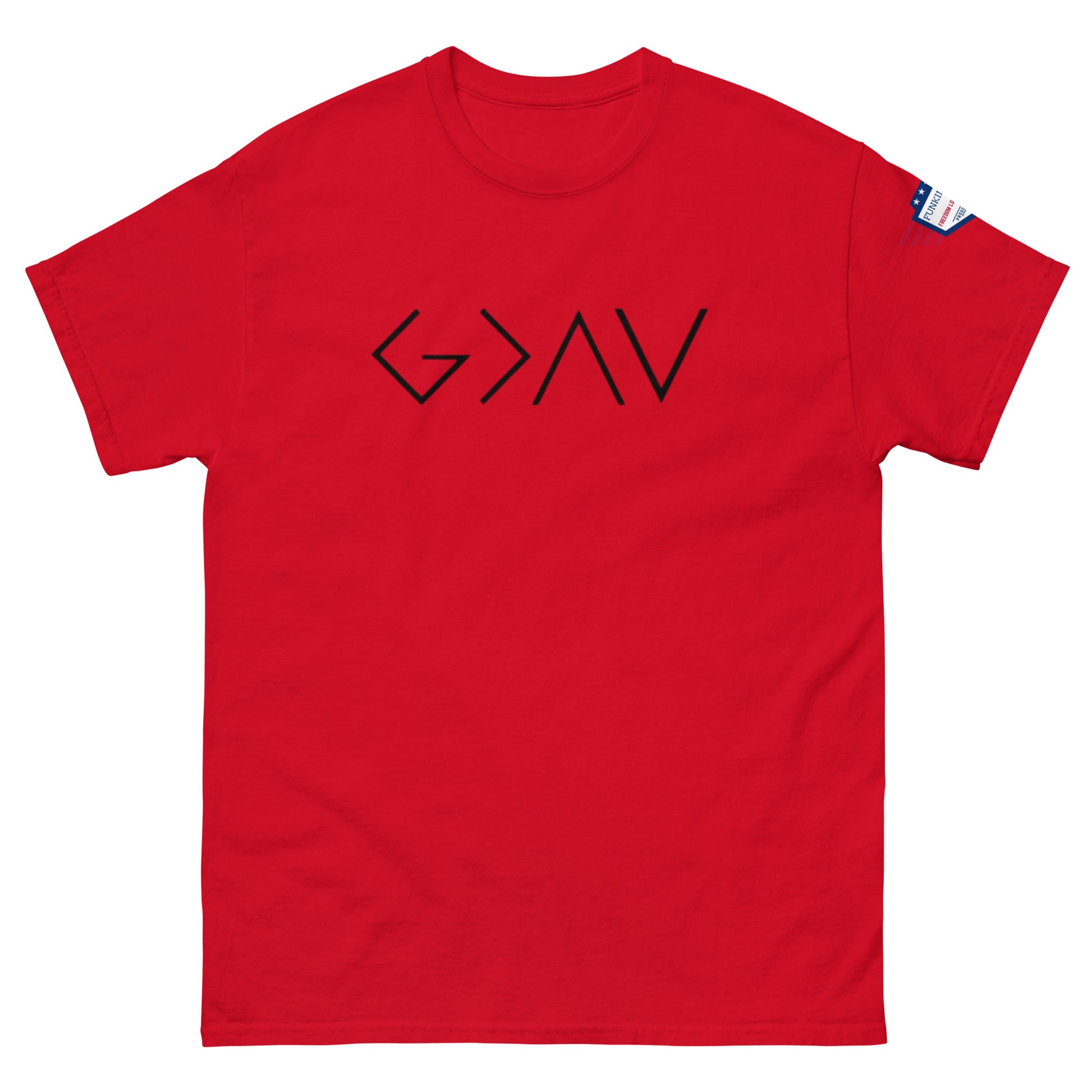 Front view of red unisex tee with bold black "G > AV" print and small US flag sleeve patch