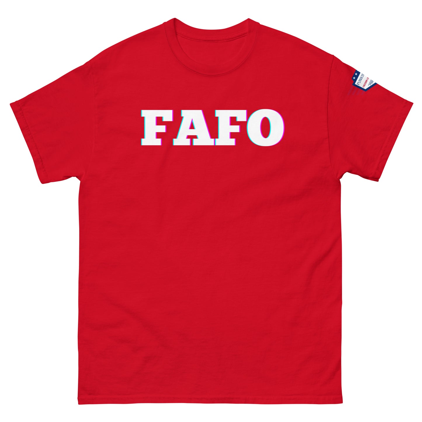 Front view of red unisex t-shirt with trippy "FAFO" graphic and American flag patch