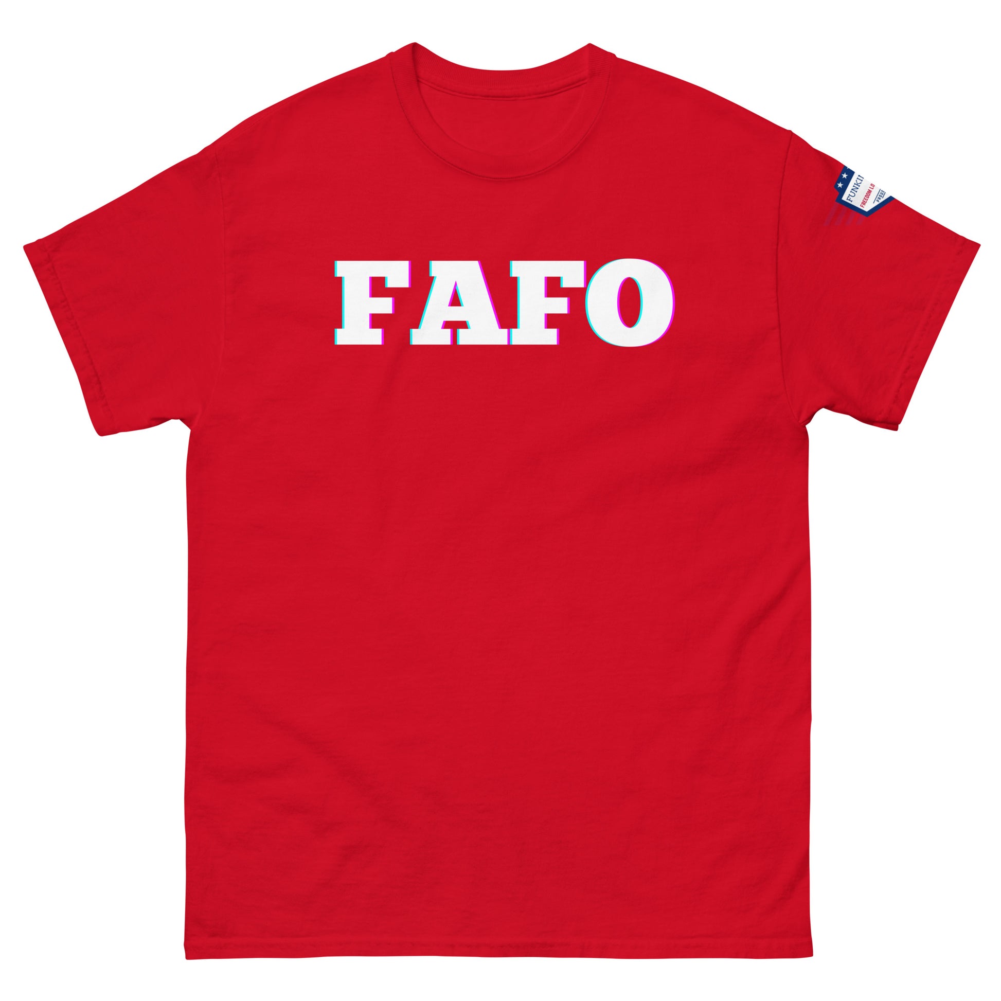 Front view of red unisex t-shirt with trippy "FAFO" graphic and American flag patch