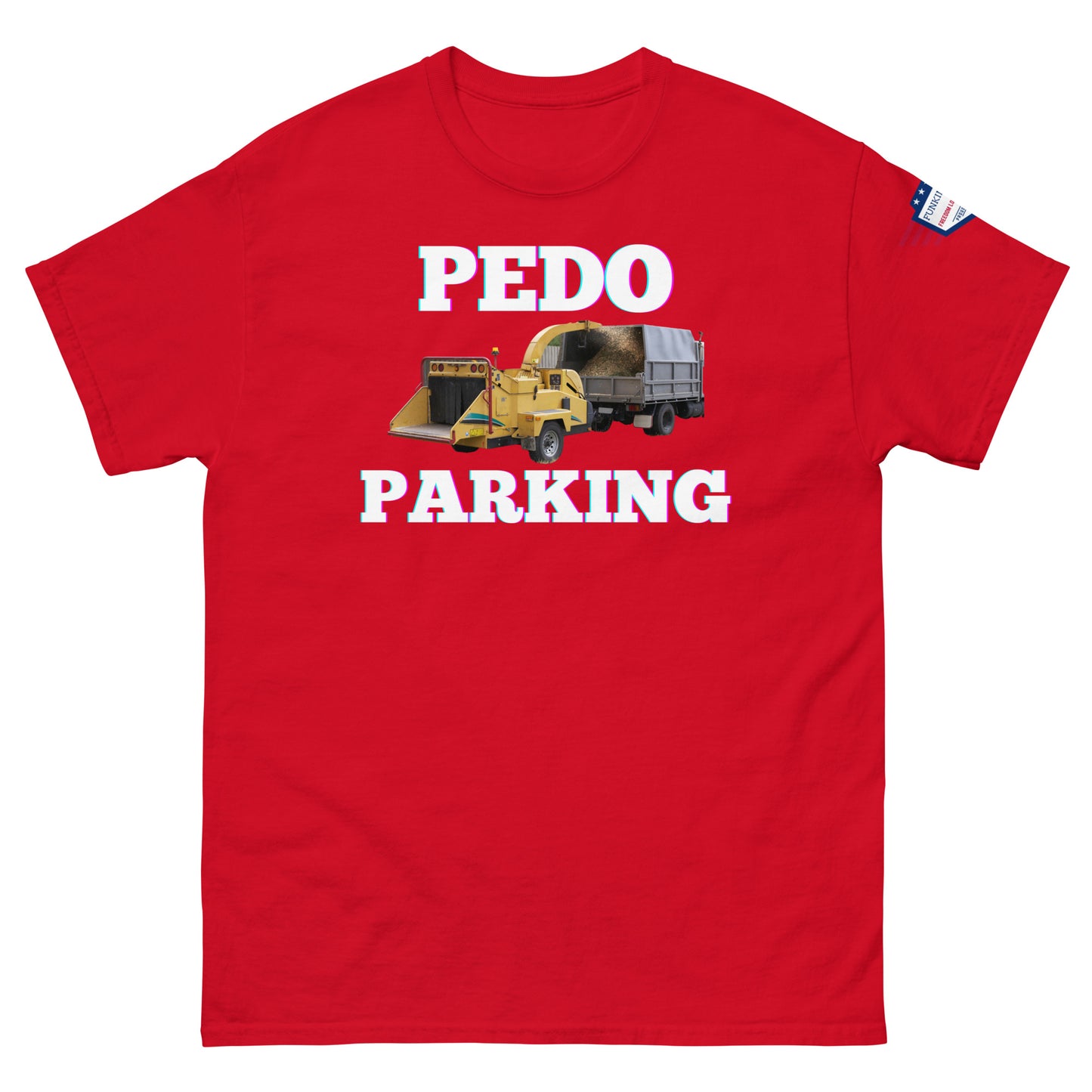 Front view of red unisex tee boasting "PEDOO PARKING" meme graphic of yellow loader truck, USA flag sleeve patch