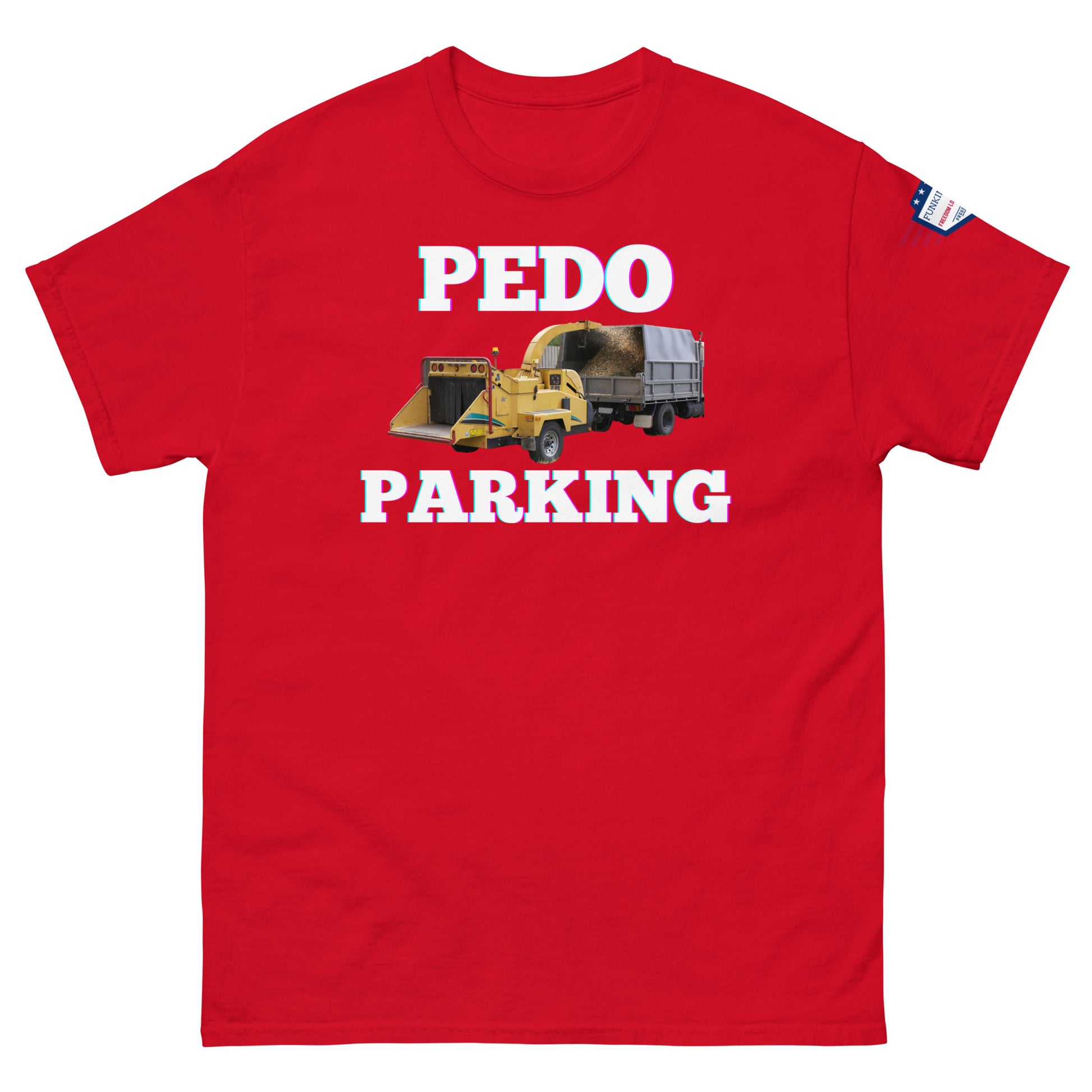 Front view of red unisex tee boasting "PEDOO PARKING" meme graphic of yellow loader truck, USA flag sleeve patch