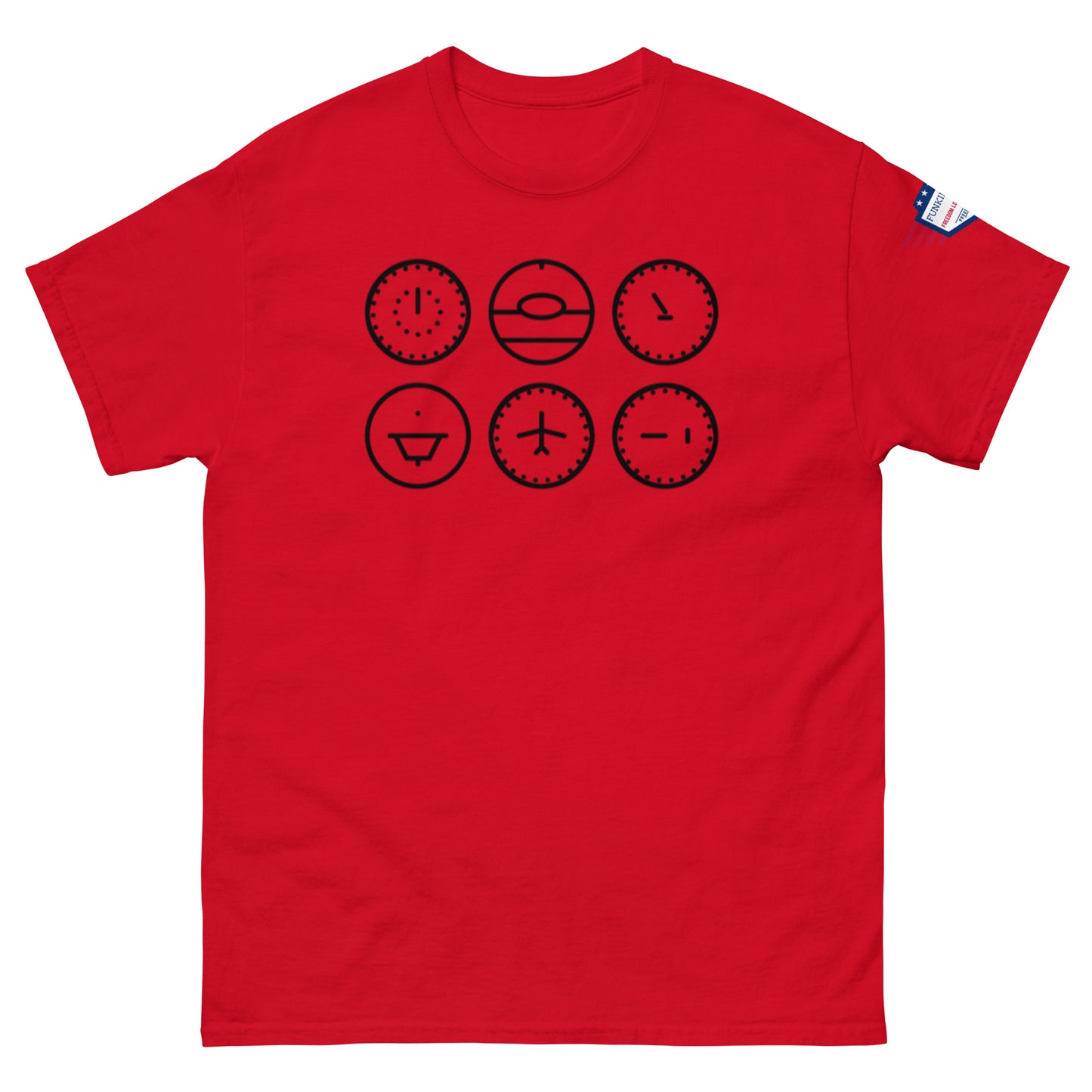 Front view of red unisex t-shirt showing six black line-art clocks, from grins to gloom
