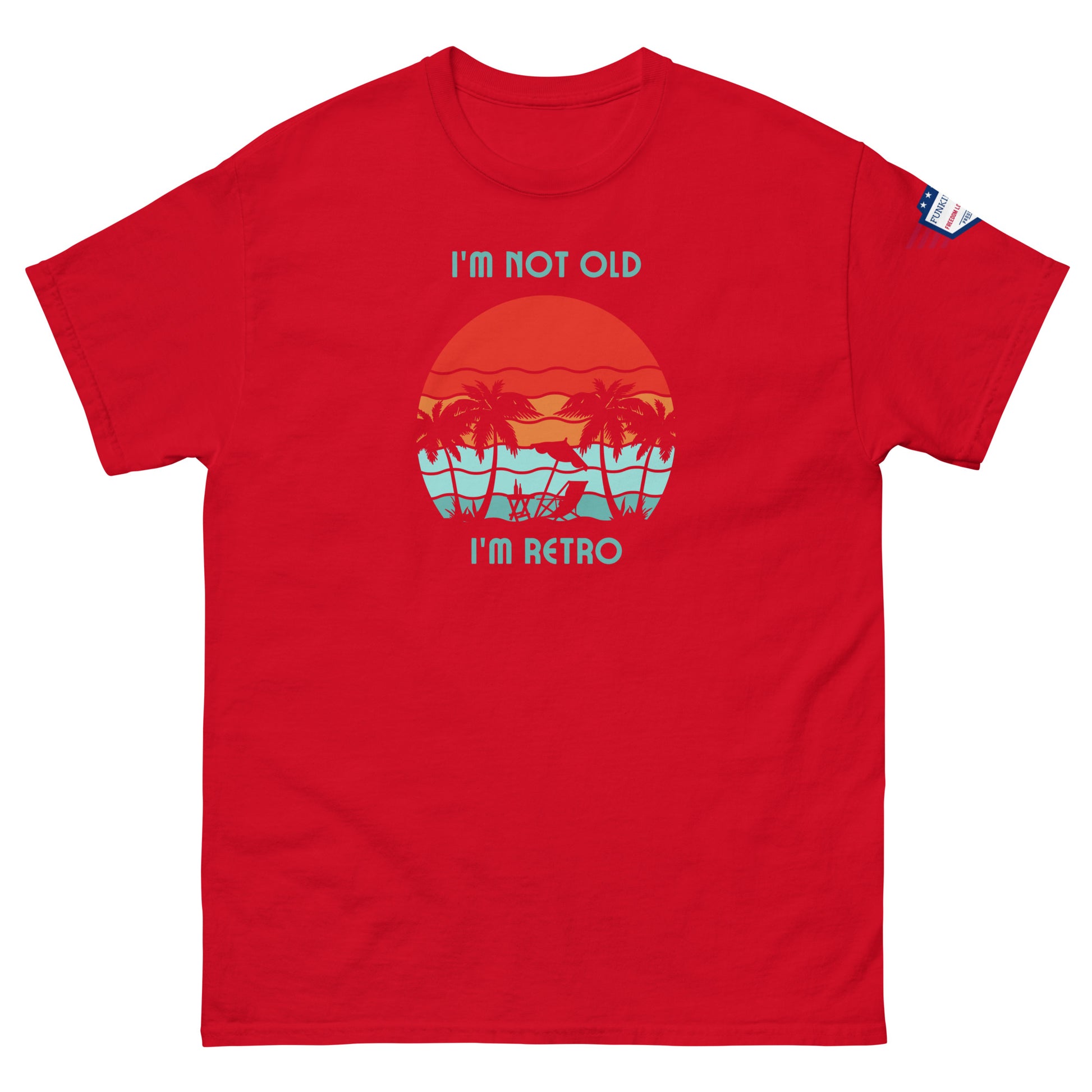 Front view of red "I'm Not Old I'm Retro" tee, bold sunset graphic stealing the show with USA patch