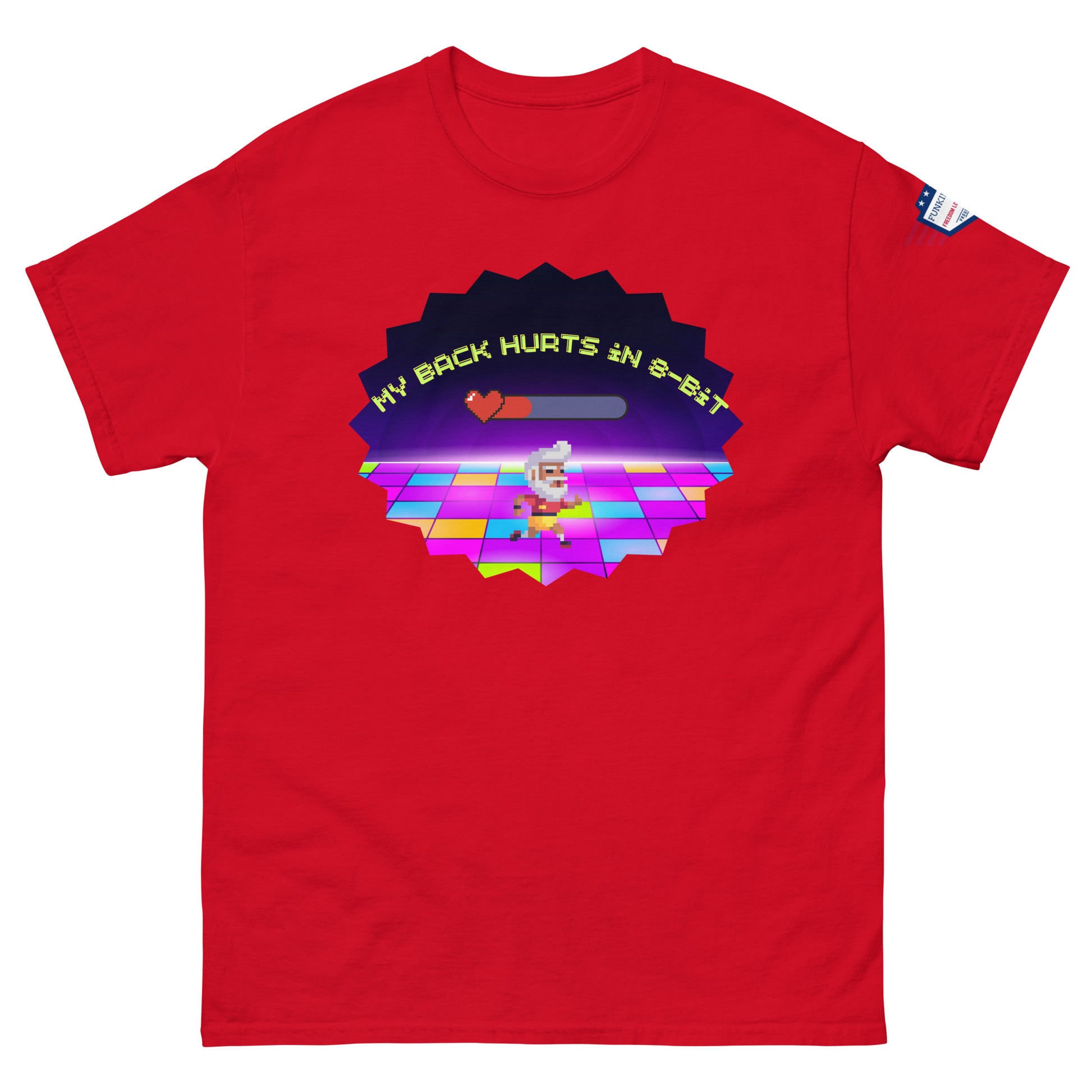 Front view of red tee displaying "My back hurts so bad" progress bar, dancing chef on vibrant disco floor in starburst print, USA flag patch