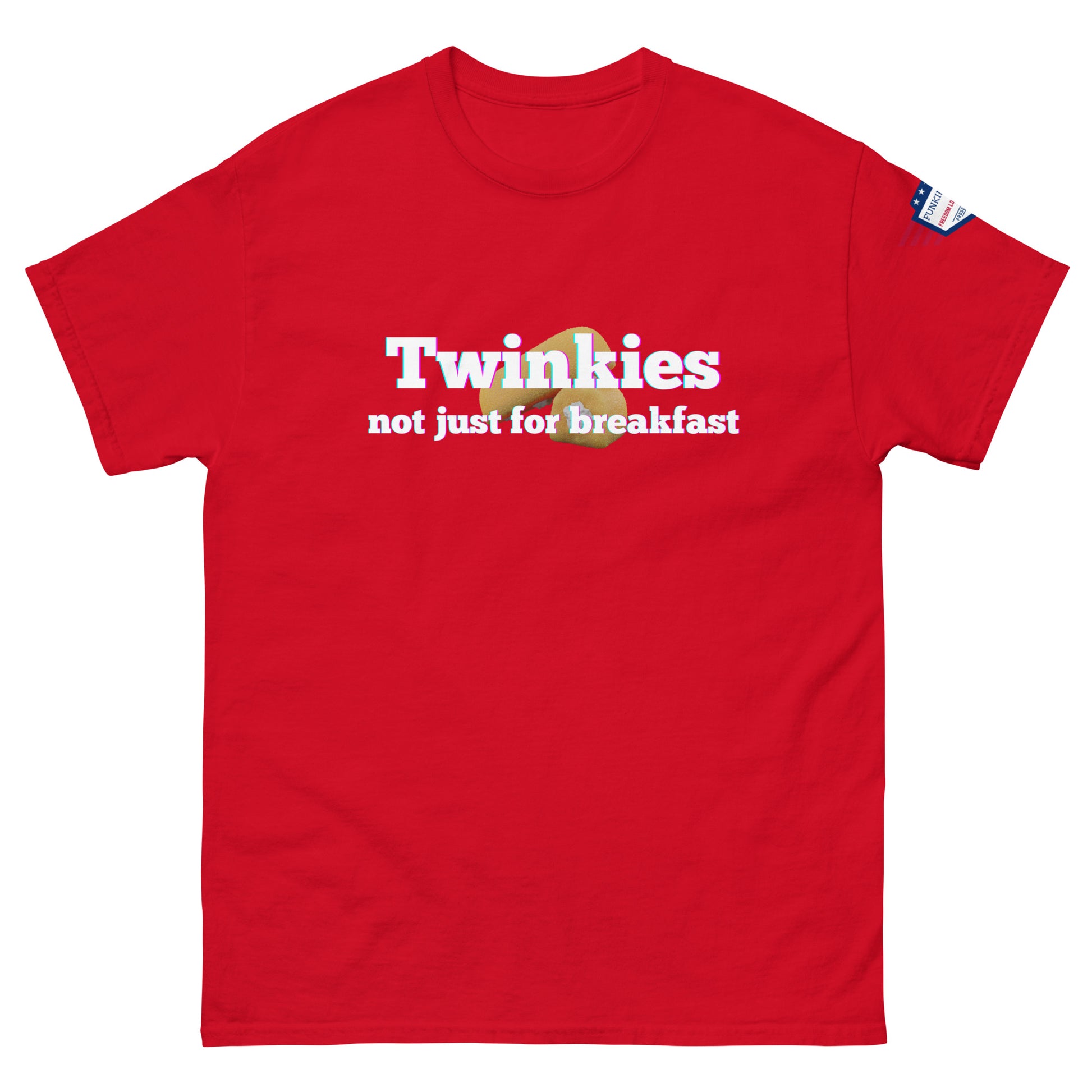 Front view of red unisex t-shirt featuring "Twinkies not just for breakfast" graphic, Twinkie, and USA sleeve patch
