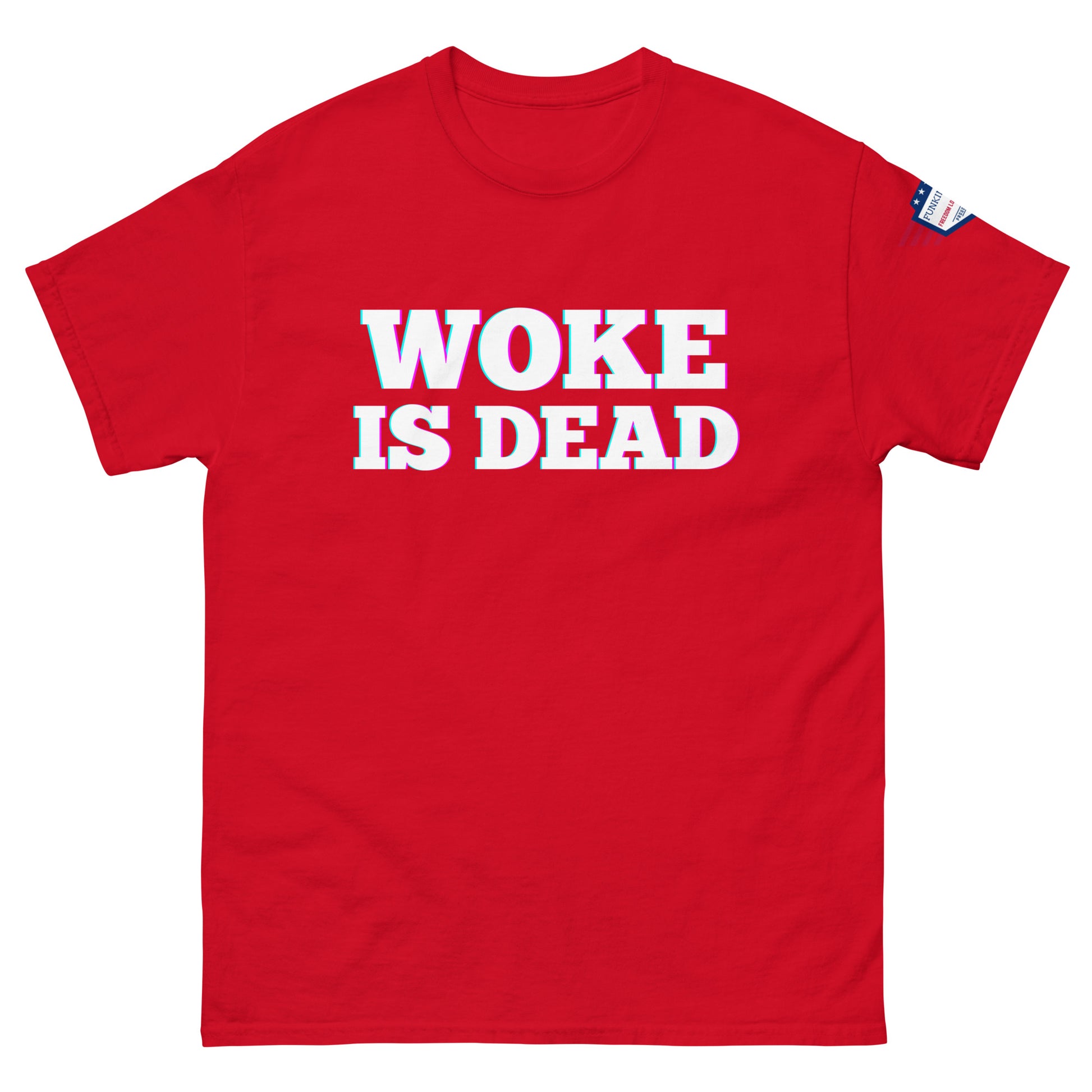 Front view of red unisex tee shouting "WOKE IS DEAD" glitch-style, American flag on sleeve