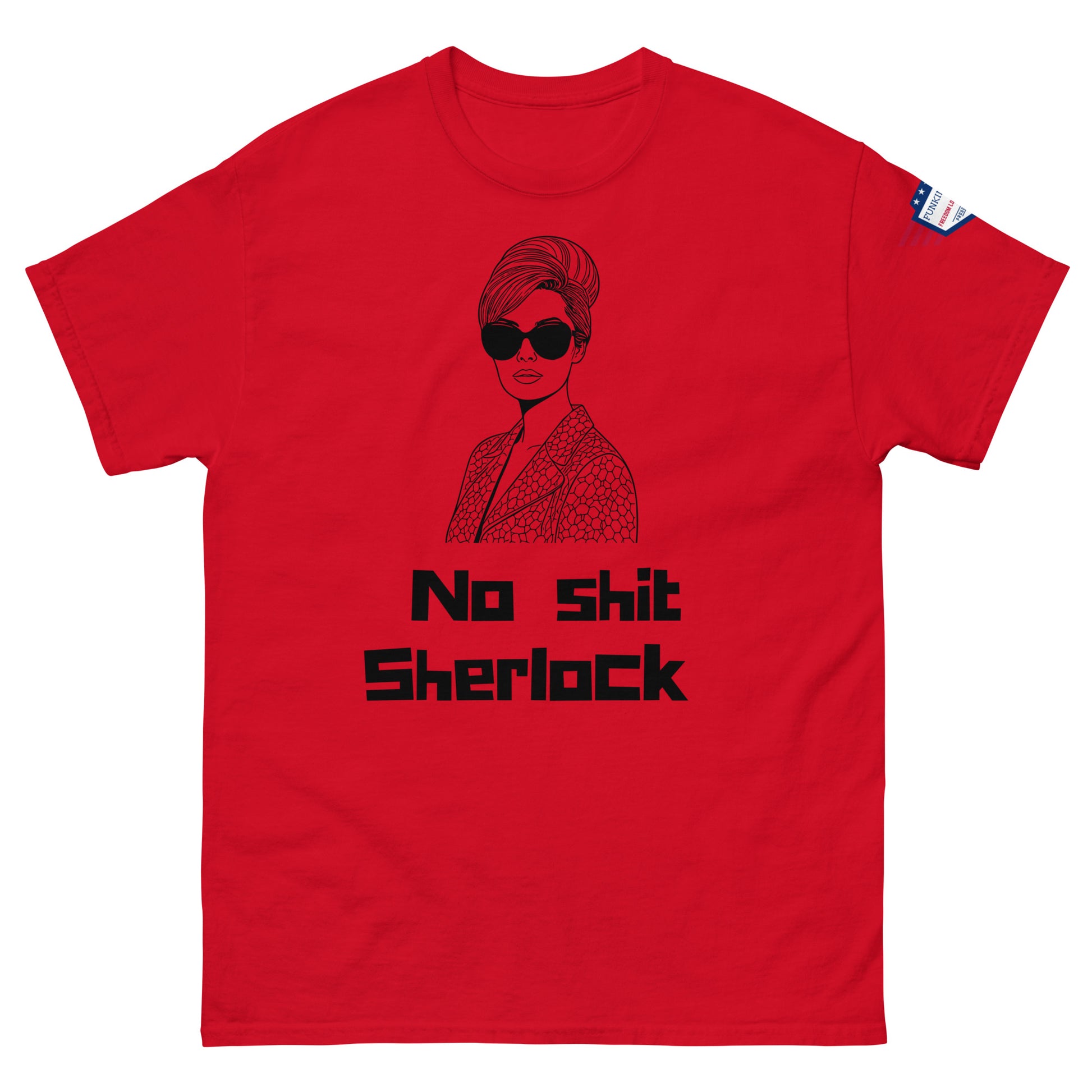 Front view of red unisex t-shirt featuring black "No shit Sherlock" text over cartoon diva portrait